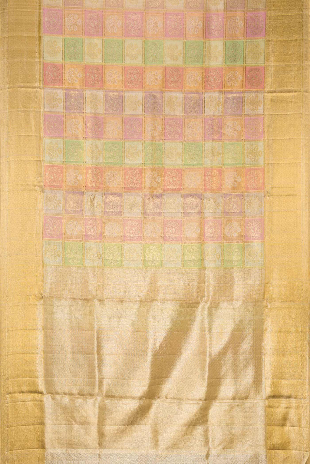 Flat view of Gold, Sea Green, Pink and Purple Color Kanjivaram Tissue Silk Saree with Zari Brocade on the body and Zari Border. 