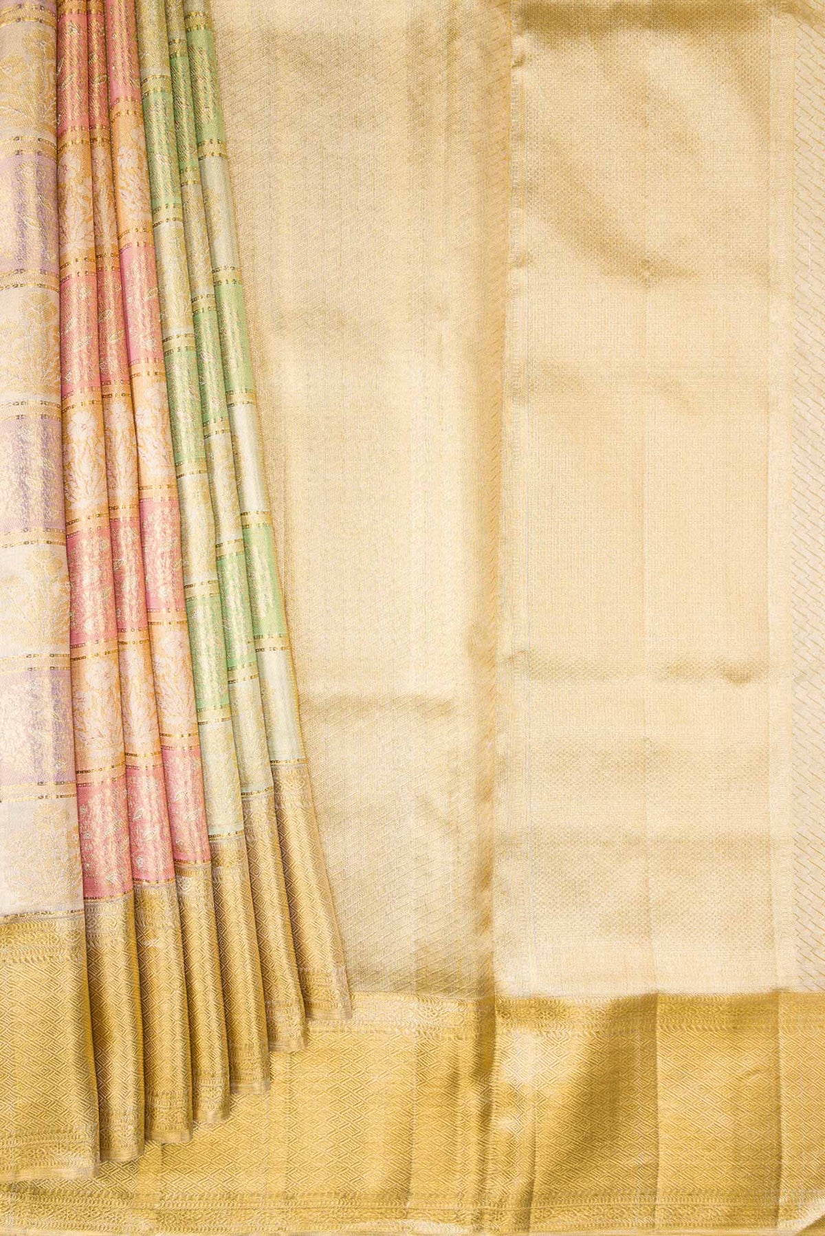 Pleats and pallu of Gold, Sea Green, Pink and Purple Color Kanjivaram Tissue Silk Saree with Zari Brocade on the body and Zari Border. 