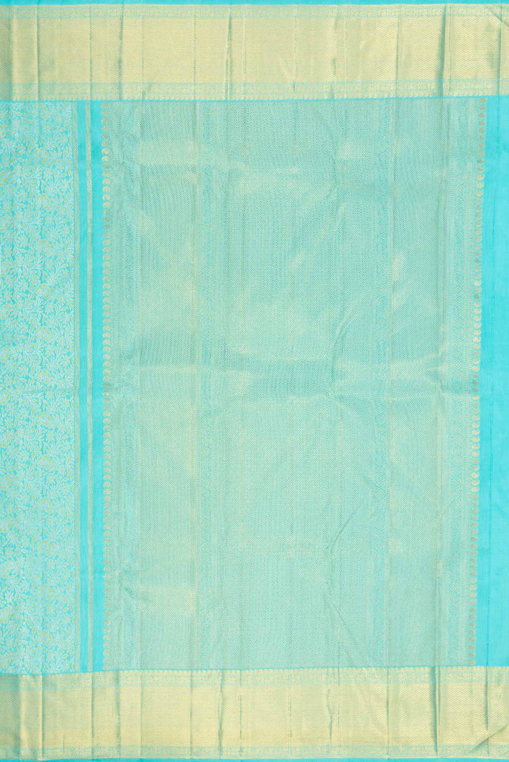 Close up image of the pallu of Pure Silk Pure Zari Sky Blue Dual Tone Kanchipuram Saree with Zari Brocade on the body and Zari Border