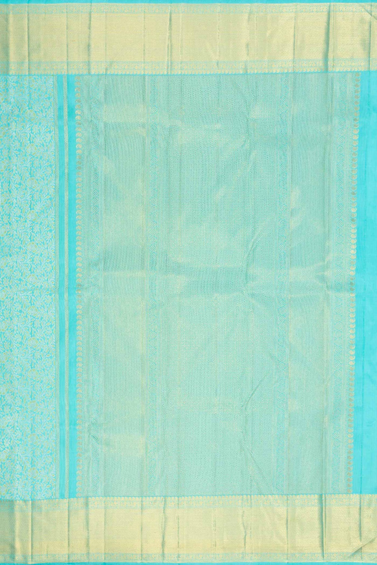 Close up image of the pallu of Pure Silk Pure Zari Sky Blue Dual Tone Kanchipuram Saree with Zari Brocade on the body and Zari Border