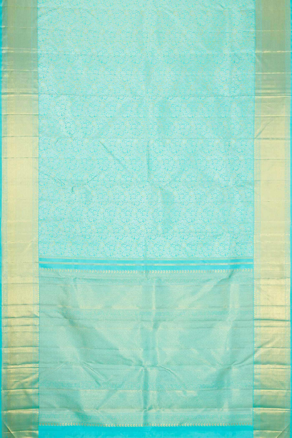 Flat view of Pure Silk Pure Zari Sky Blue Dual Tone Kanchipuram Saree with Zari Brocade on the body and Zari Border
