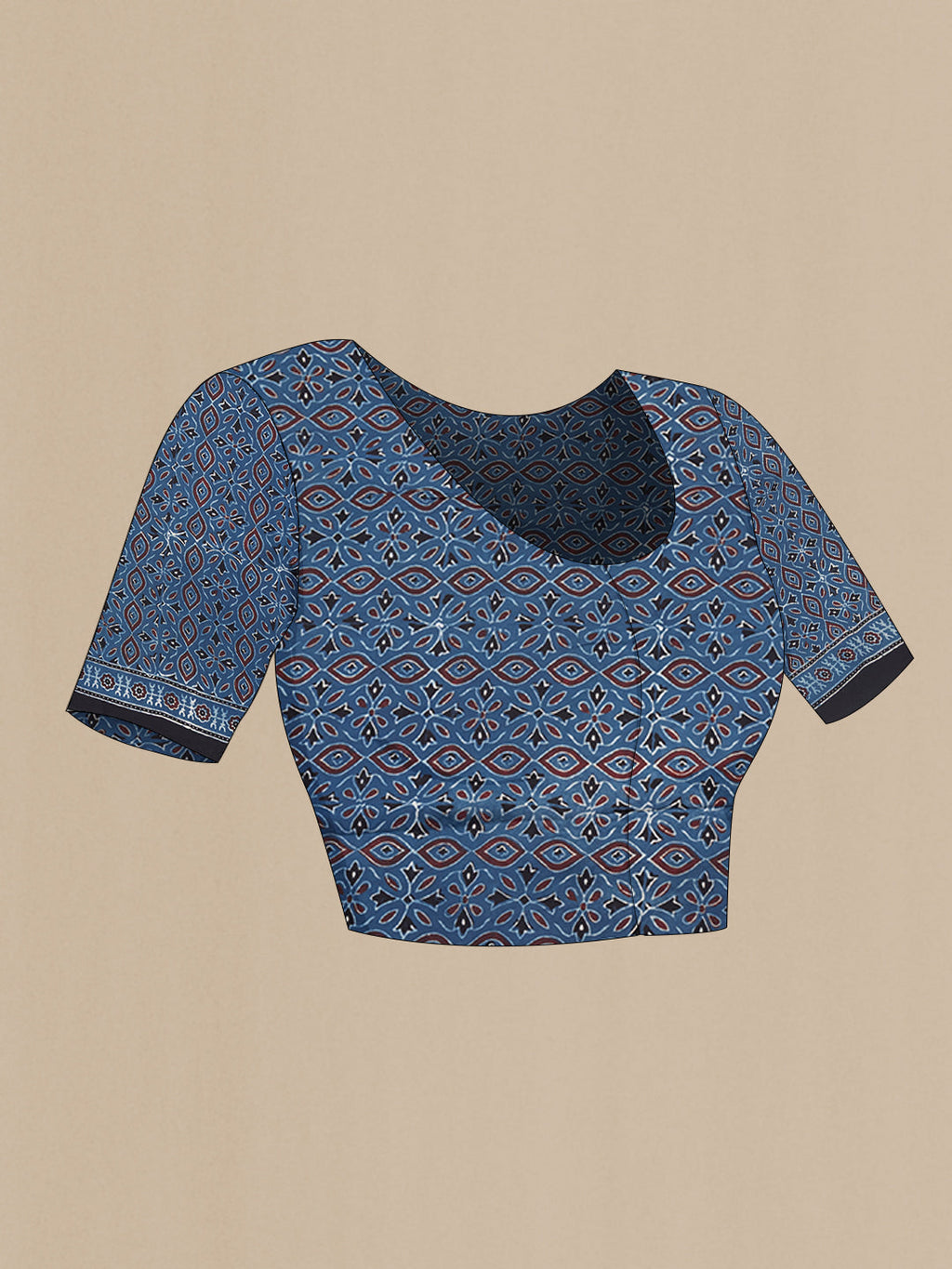 Close up image of the blouse of Grey Dual Tone Crepe Saree with Ajrakh Print on the body and Printed Border. 