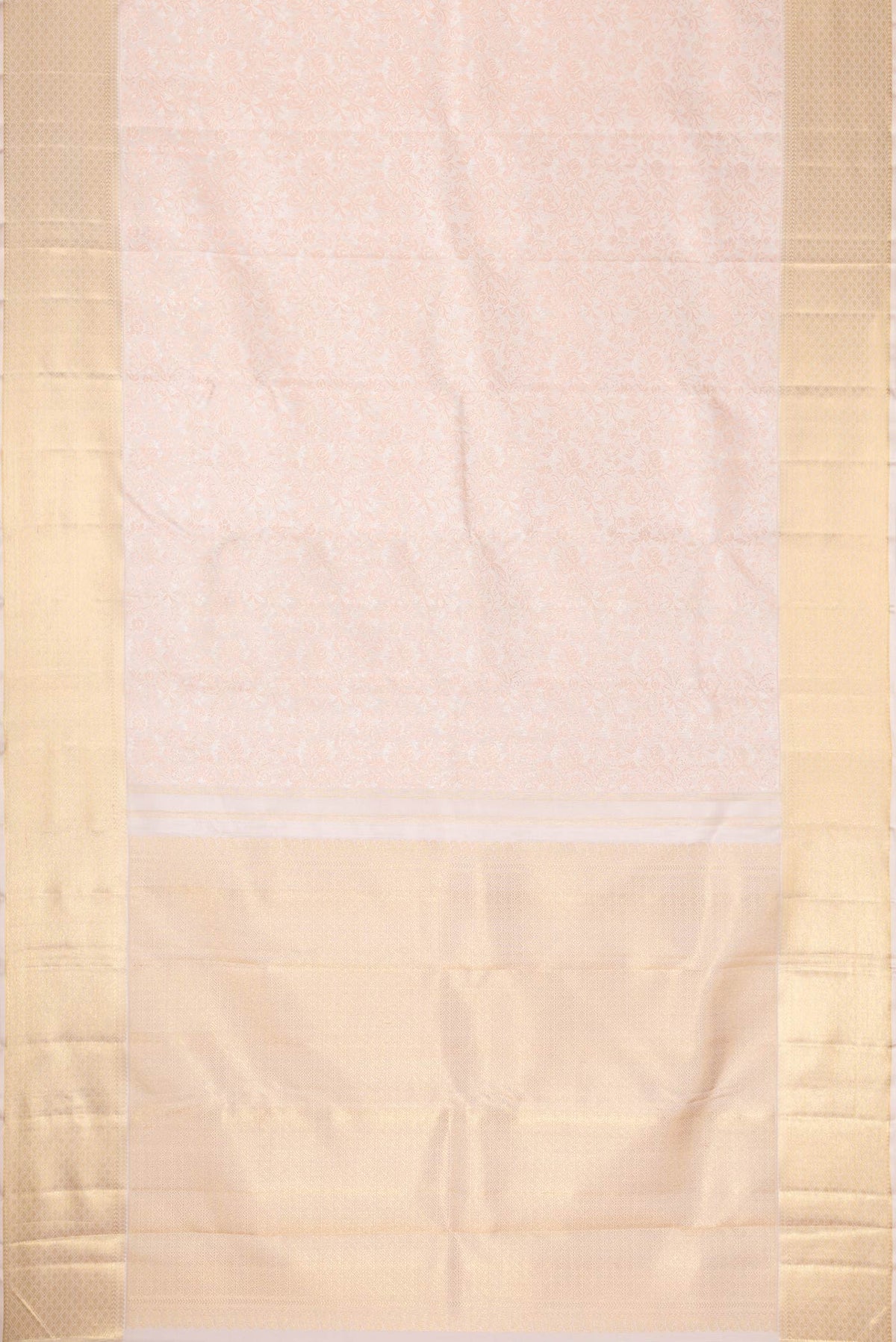 Flat view of Pure Silk Pure Zari Rose pink Kanchipuram Saree with Zari Brocade on the body and Zari Border