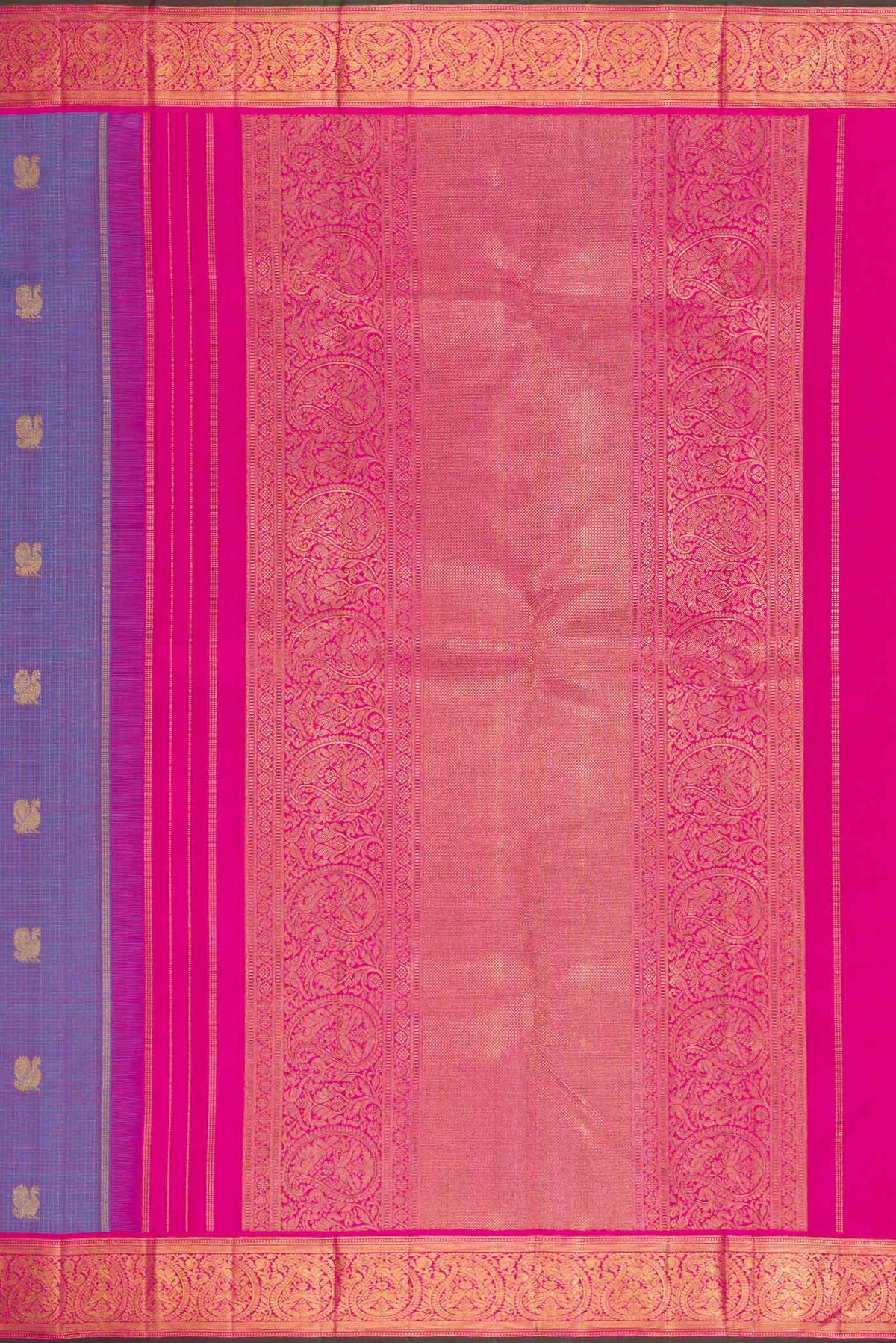Close up image of the pallu of Pure Silk Pure Zari Lavender Dual Tone Kanjivaram Saree with Zari Butta on the body and Zari Border. 
