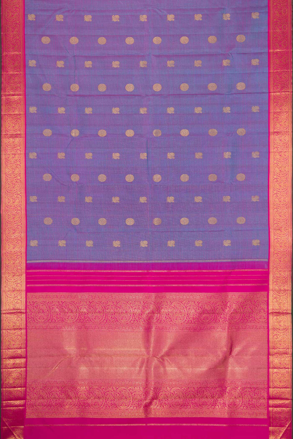 Flat view of Pure Silk Pure Zari Lavender Dual Tone Kanjivaram Saree with Zari Butta on the body and Zari Border. 