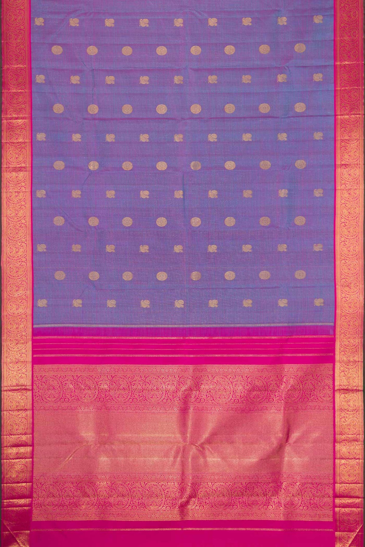 Flat view of Pure Silk Pure Zari Lavender Dual Tone Kanjivaram Saree with Zari Butta on the body and Zari Border. 