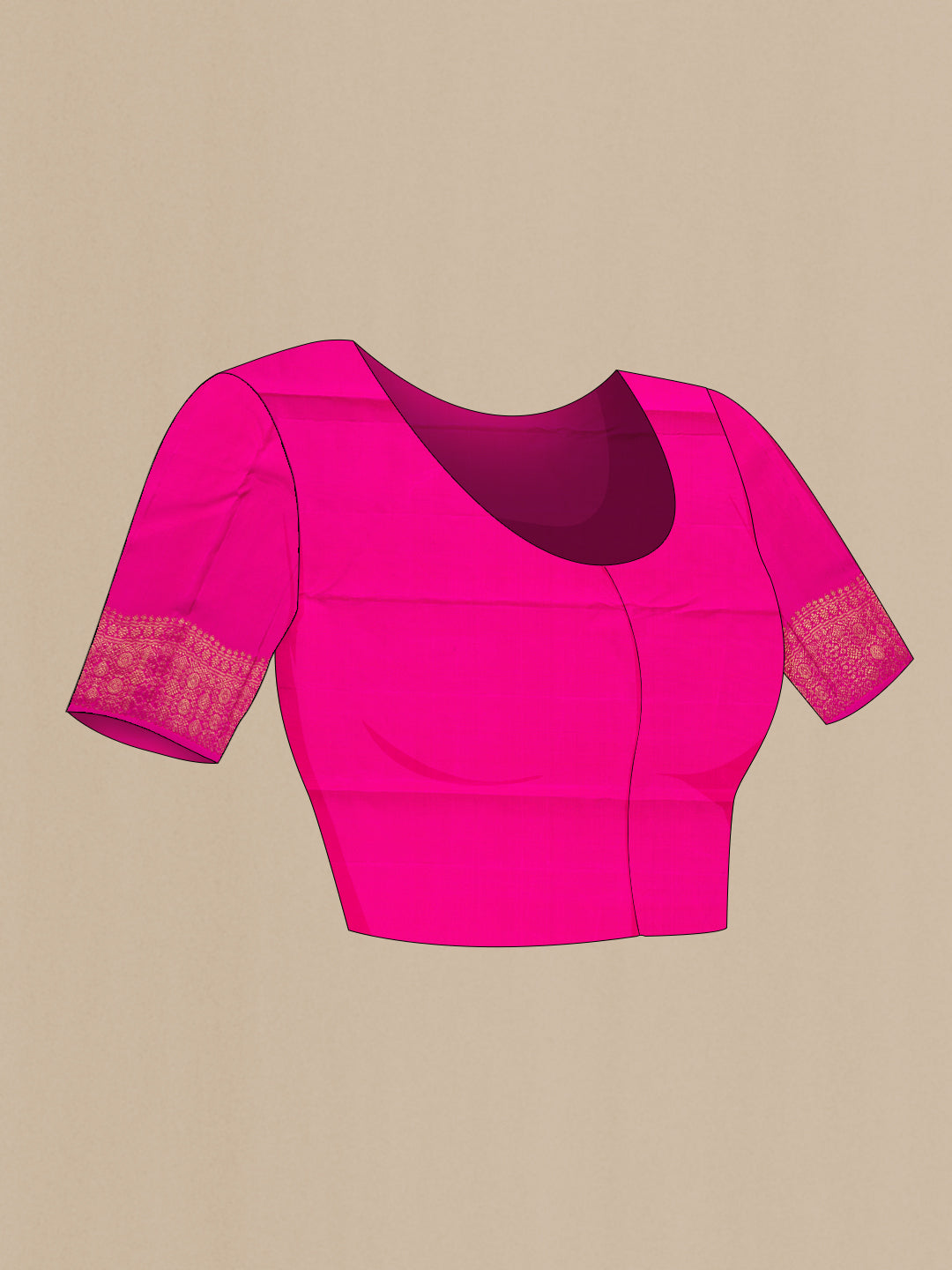 Close up image of the blouse of Pure Silk Pure Zari Pink Dual Tone Kanjivaram Saree with Zari Butta on the body and Zari Border. 