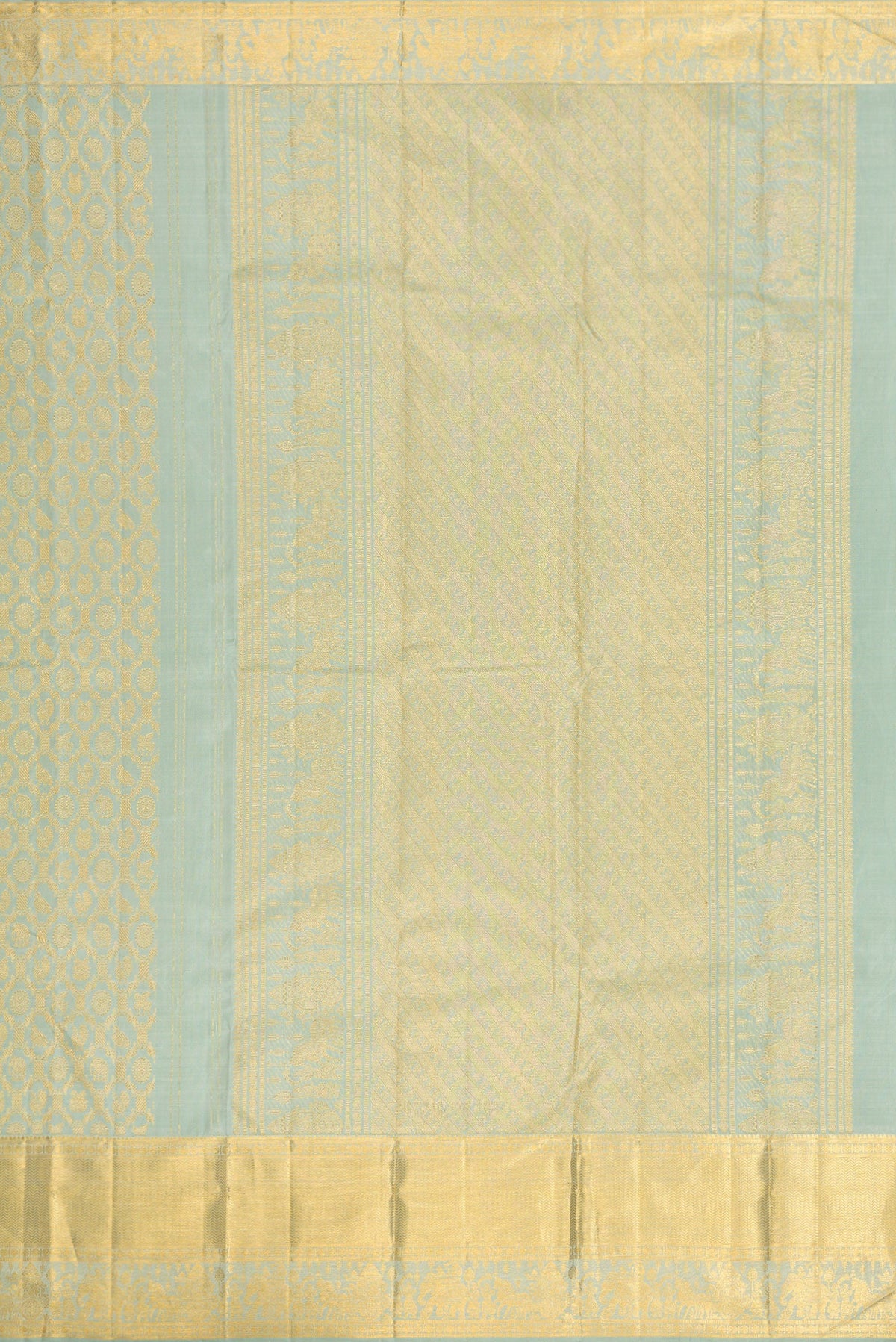 Close up image of the pallu of Pista Green Dual Tone Kanchipuram Silk Saree with Zari Brocade on the body and Zari Border. 