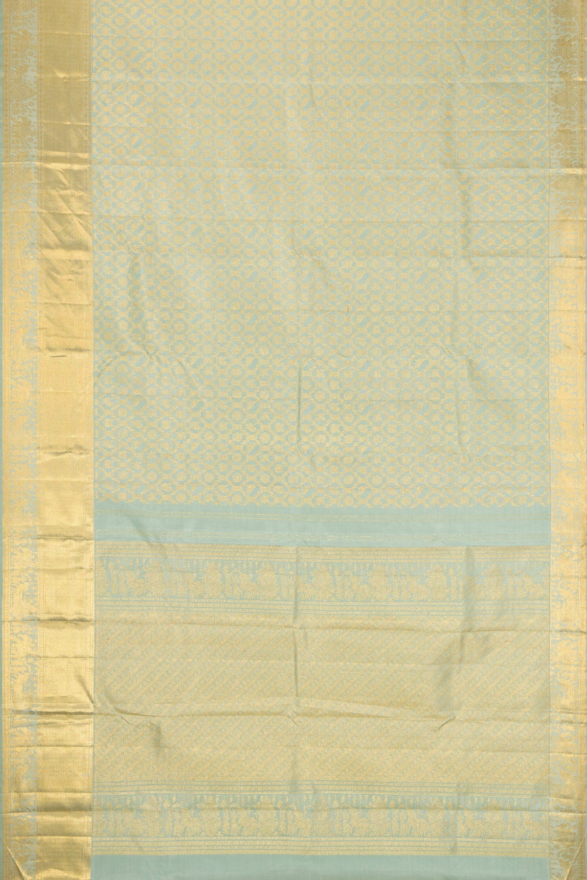 Flat view of Pista Green Dual Tone Kanchipuram Silk Saree with Zari Brocade on the body and Zari Border. 