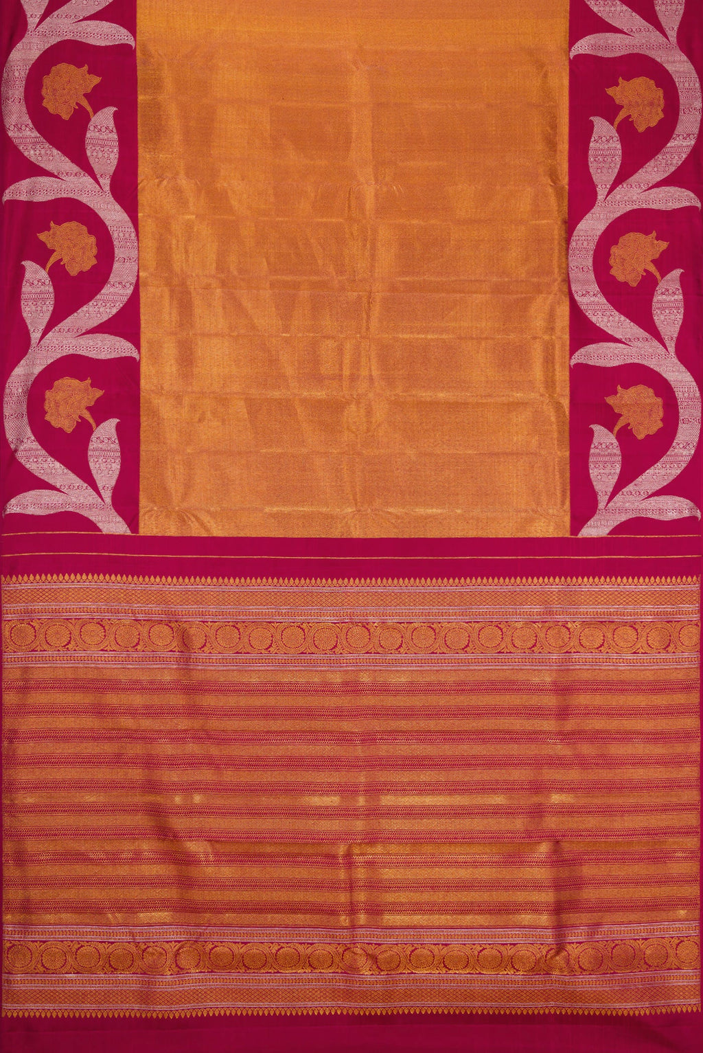 Flat view of Maroon Dual Tone Kanjivaram Silk Saree with Zari Brocade on the body and Zari Border. 