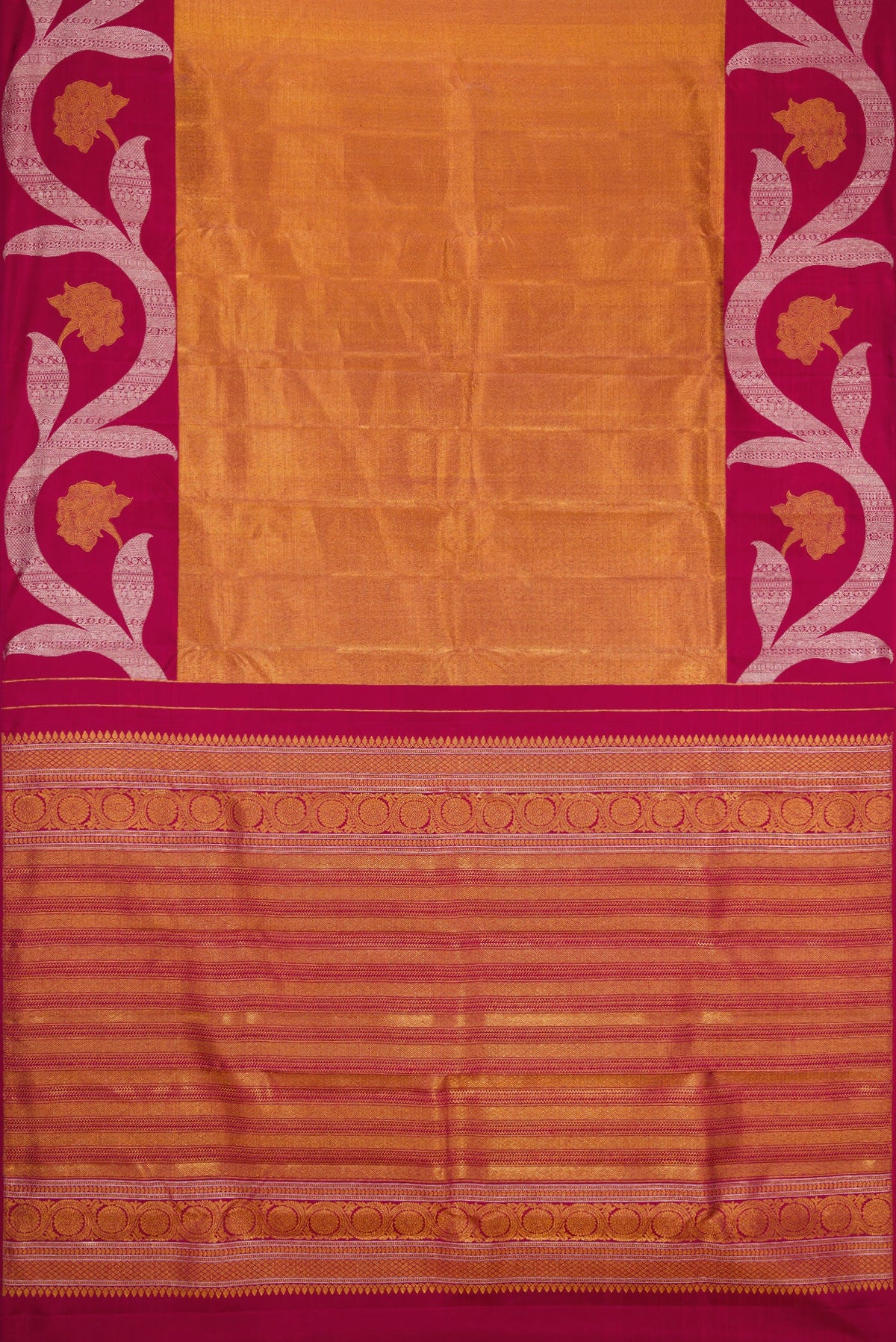 Flat view of Maroon Dual Tone Kanjivaram Silk Saree with Zari Brocade on the body and Zari Border. 