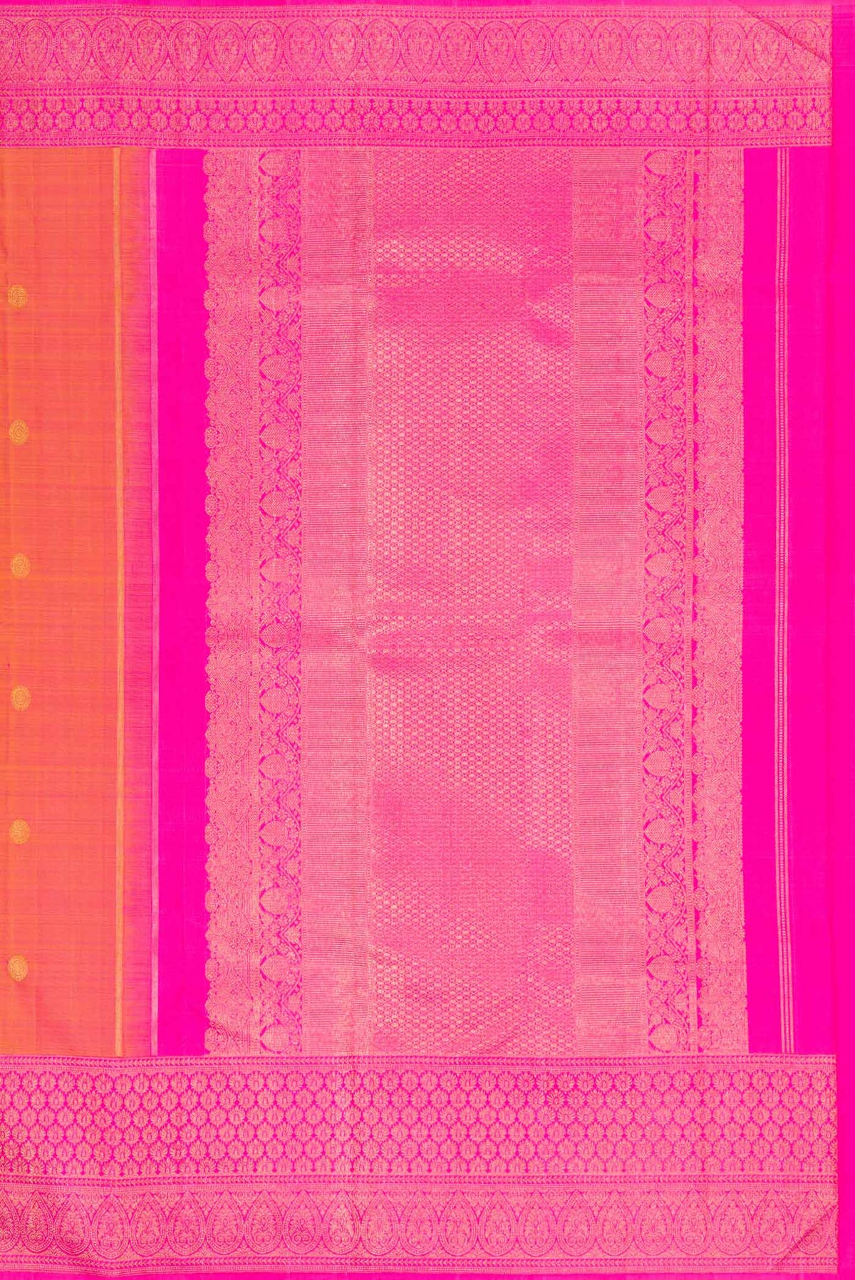 Close up image of the pallu of Mustard Dual Tone Kanjivaram Silk Saree with Zari Butta on the body and Zari Border. 