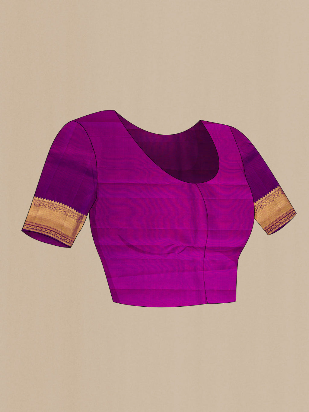 Close up image of the blouse of Coral Dual Tone Kanjivaram Silk Saree with Zari Butta on the body and Zari Border. 