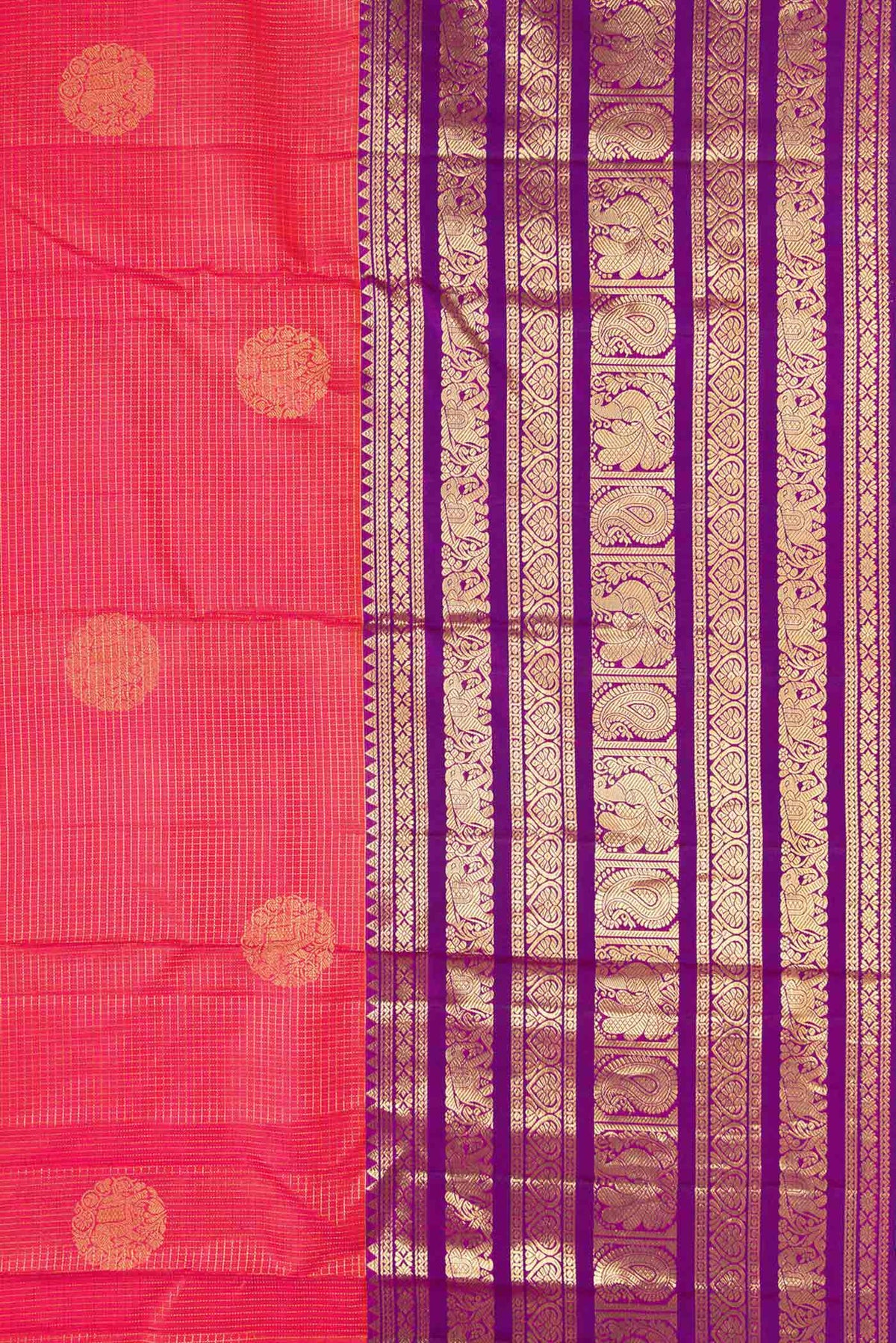 Border image of Coral Dual Tone Kanjivaram Silk Saree with Zari Butta on the body and Zari Border. 