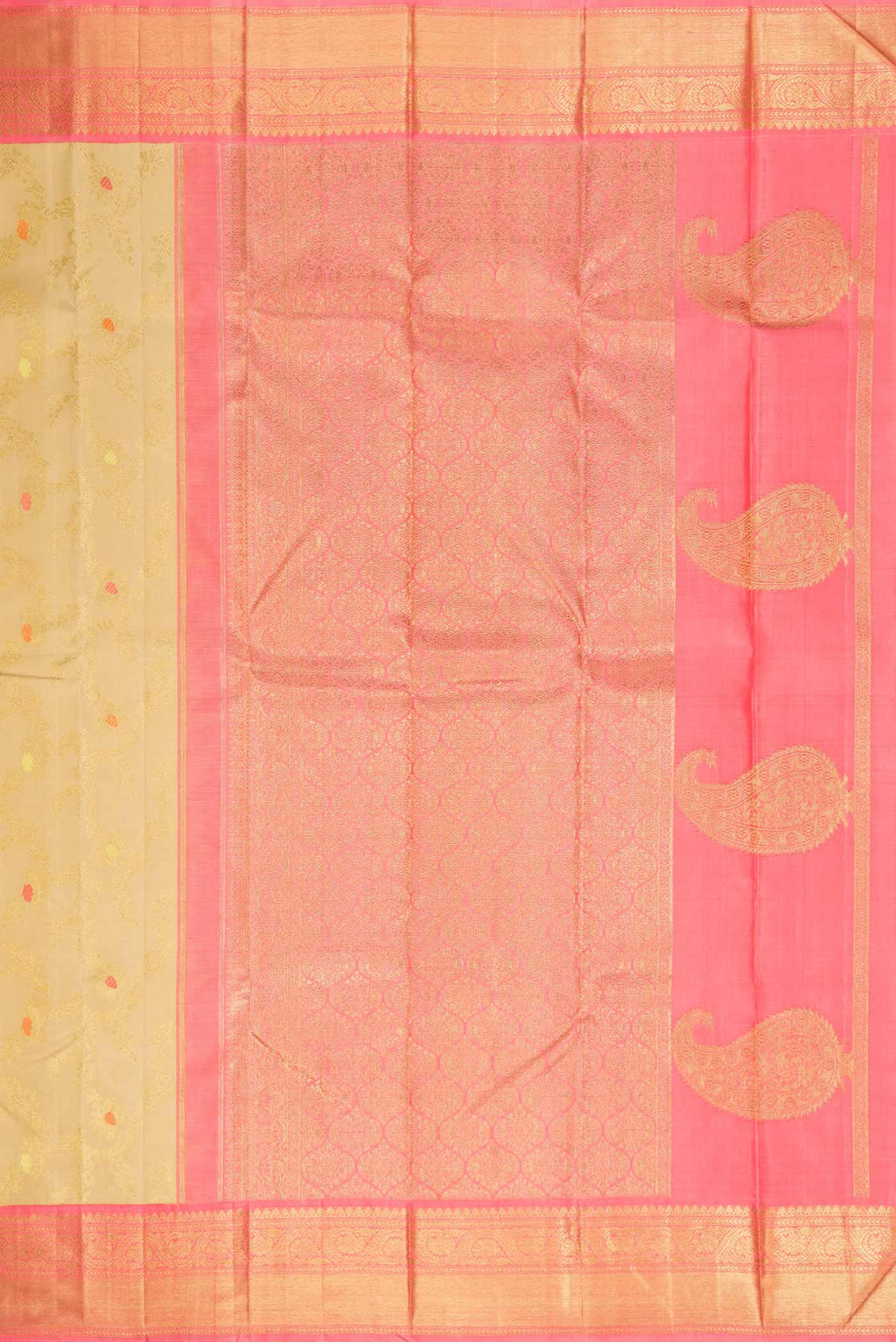 Close up image of the pallu of Pure Silk Pure Zari Beige Dual Tone Kanchipuram Saree with Zari Brocade on the body and Zari Border