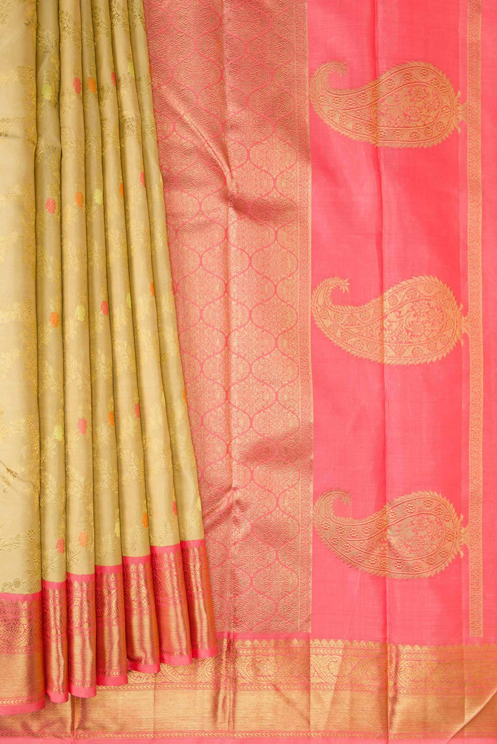 Pleats and pallu of Pure Silk Pure Zari Beige Dual Tone Kanchipuram Saree with Zari Brocade on the body and Zari Border