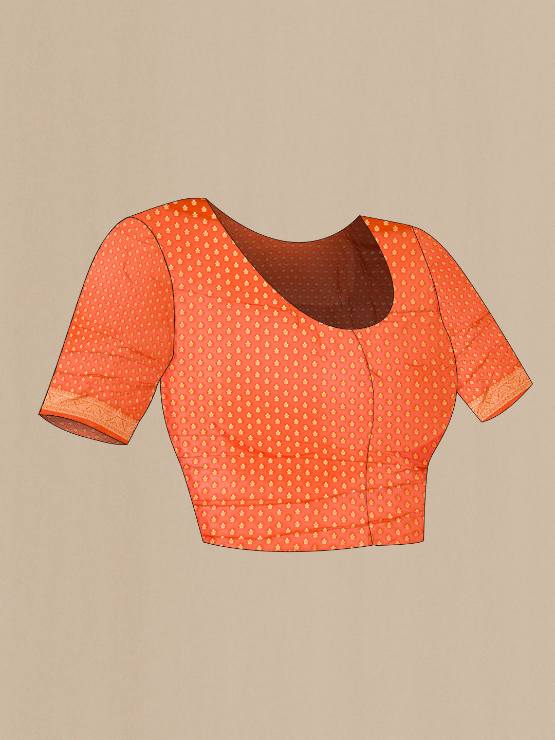 Close up image of the blouse of Brick Orange Blended Banarasi Georgette Saree with Zari Brocade on the body and Zari Border. 