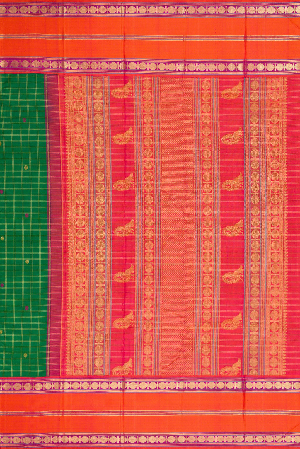Close up image of the pallu of Pure Silk Pure Zari Green Dual Tone Kanjivaram Saree with Checked design on the body and Zari And Thread Border. 