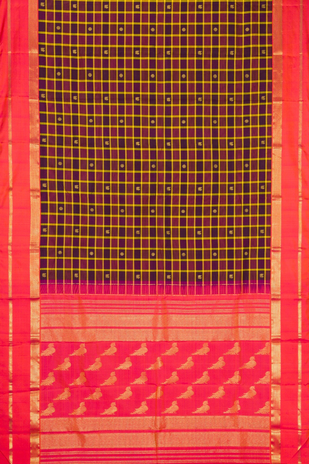 Flat view of Pure Silk Pure Zari Burgundy Dual Tone Kanjivaram Saree with Checked design on the body and Zari Border. 