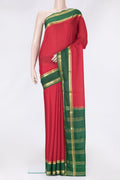Red Dual Tone Mysore Crepe Saree with Plain Body and Zari Border.  displayed on a mannequin