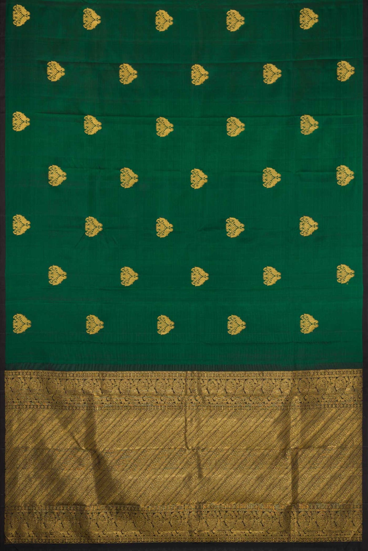 Flat view of Bottle Green Dual Tone Kanchipuram Silk Saree with Zari Butta on the body and Plain Border. 