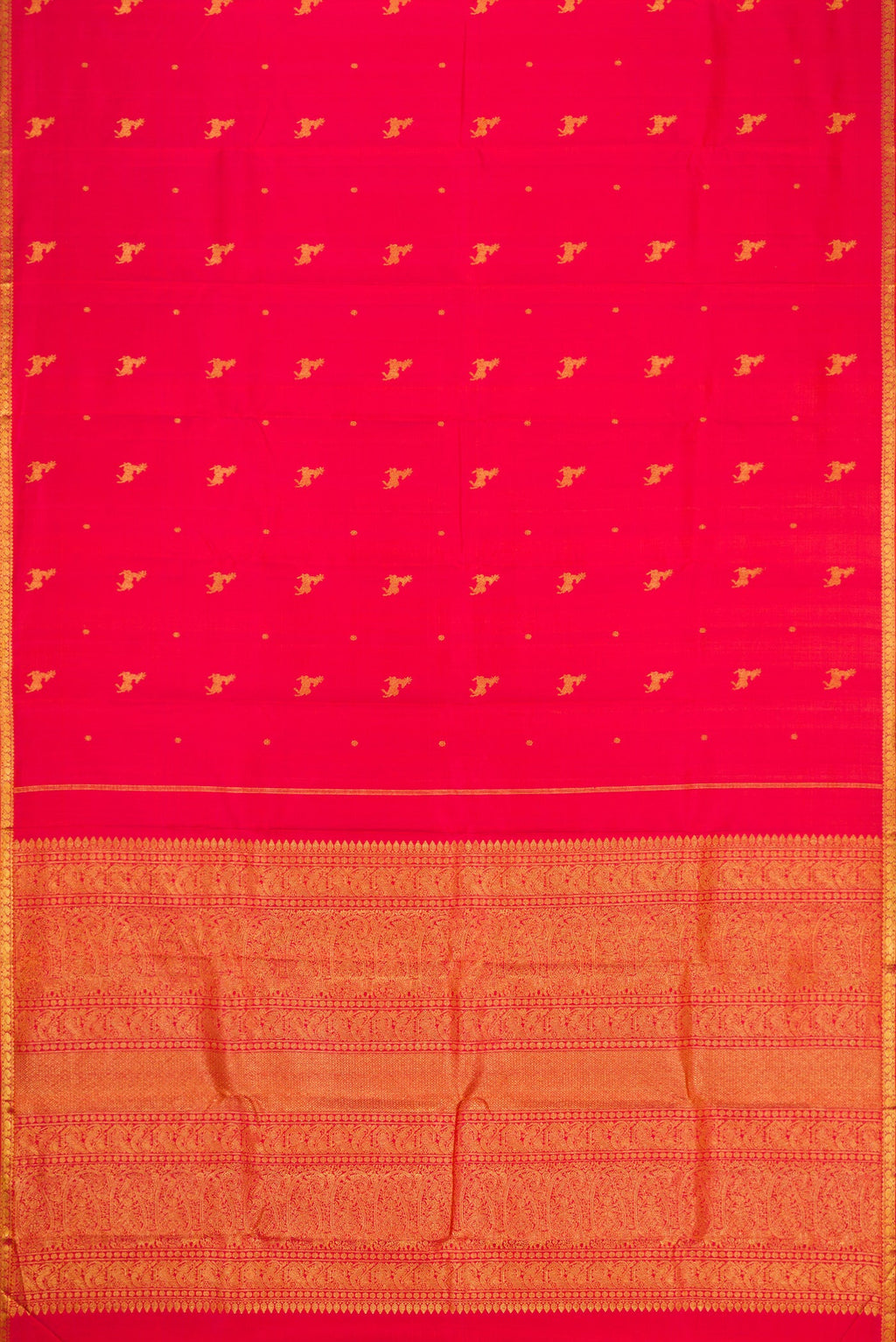 Flat view of Red Dual Tone Kanjivaram Silk Saree with Zari Butta on the body and Zari Border. 
