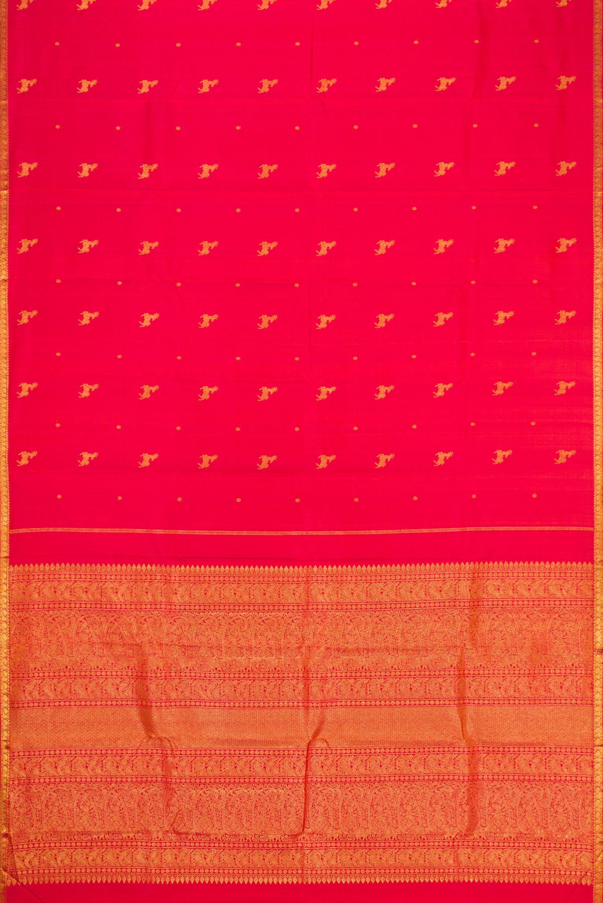 Flat view of Red Dual Tone Kanjivaram Silk Saree with Zari Butta on the body and Zari Border. 