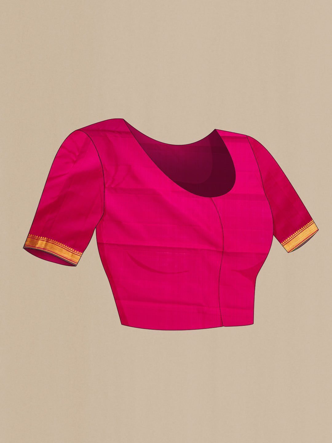 Close up image of the blouse of Dark Pink Dual Tone Kanchipuram Silk Saree with Zari Brocade on the body and Zari Border. 