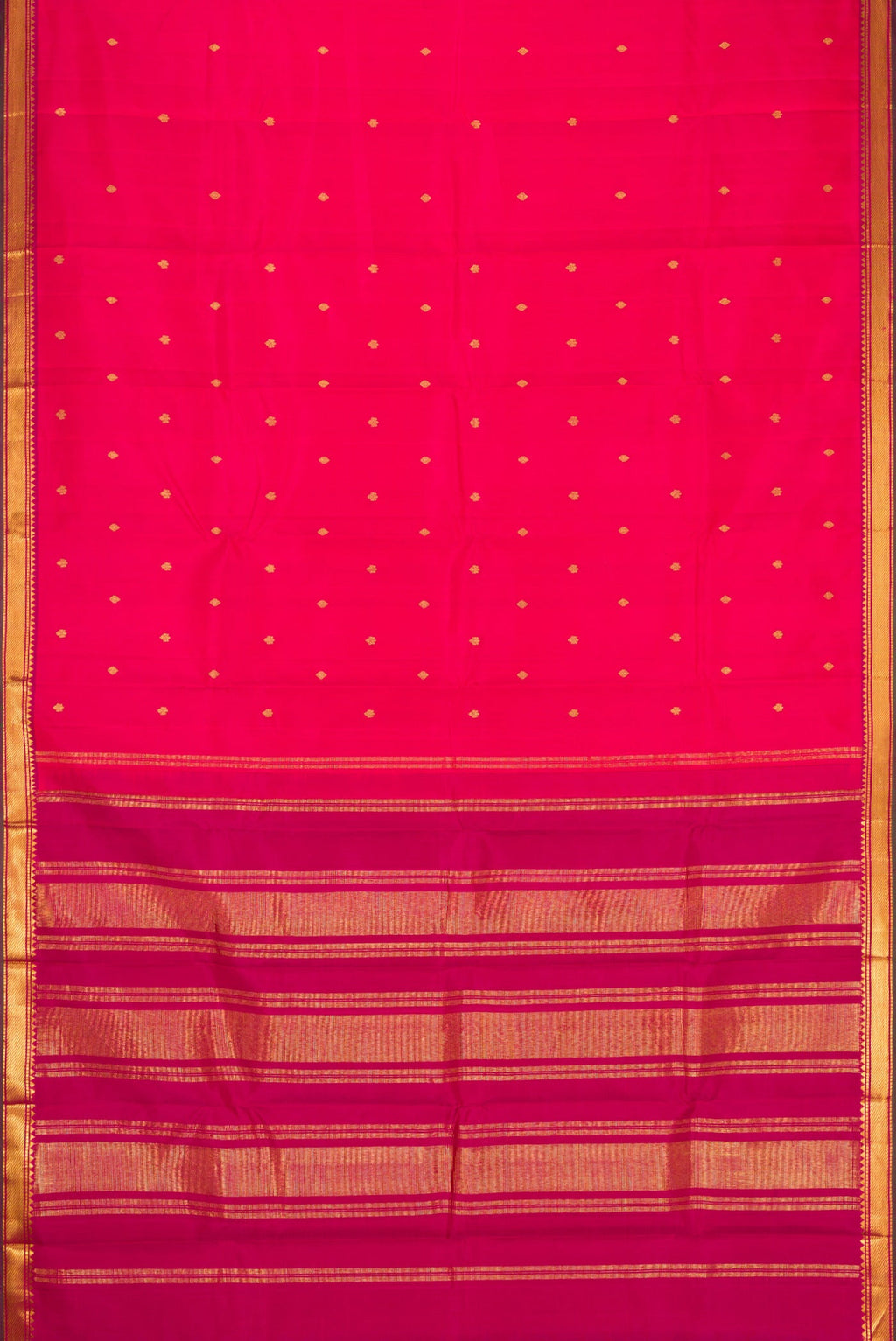 Flat view of Dark Pink Dual Tone Kanchipuram Silk Saree with Zari Brocade on the body and Zari Border. 