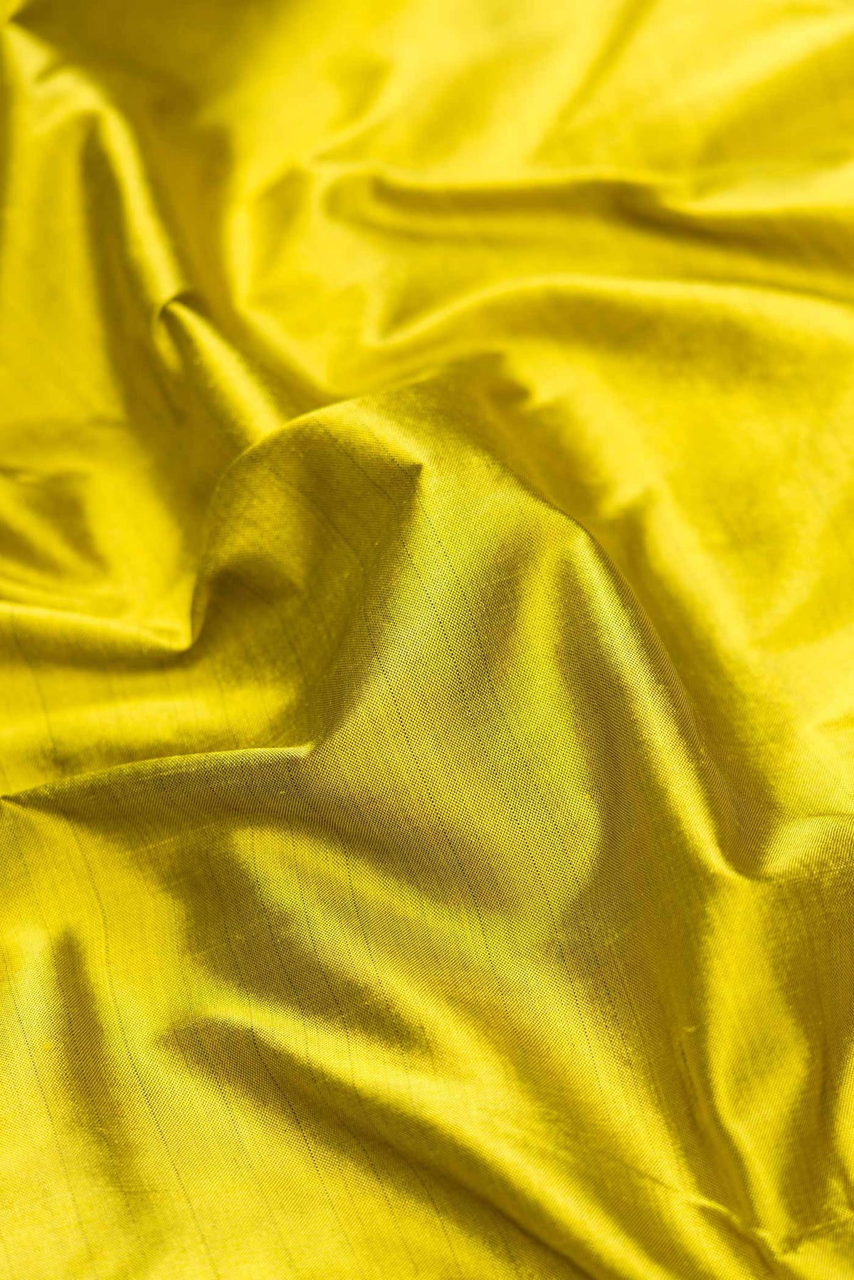 Close up of Parrot Green Dual Tone Double Ikat Saree with Plain Body and Zari Border.  displaying folds