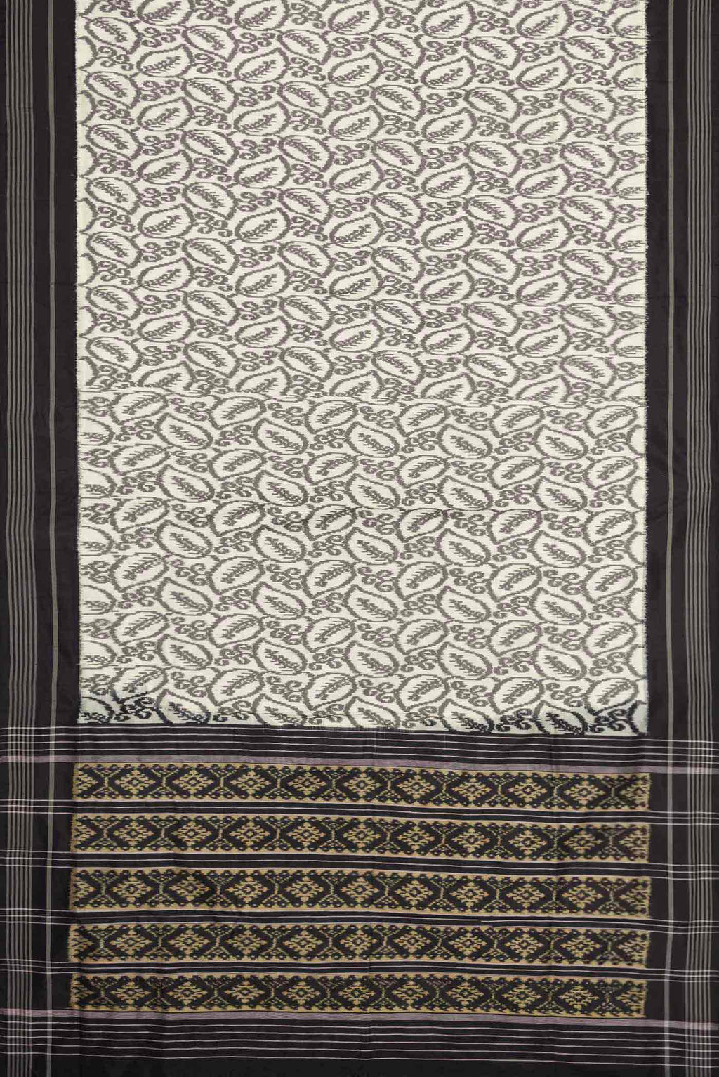 Flat view of Off White Pochampally Silk Saree with Pure Ikat on the body and Plain Border