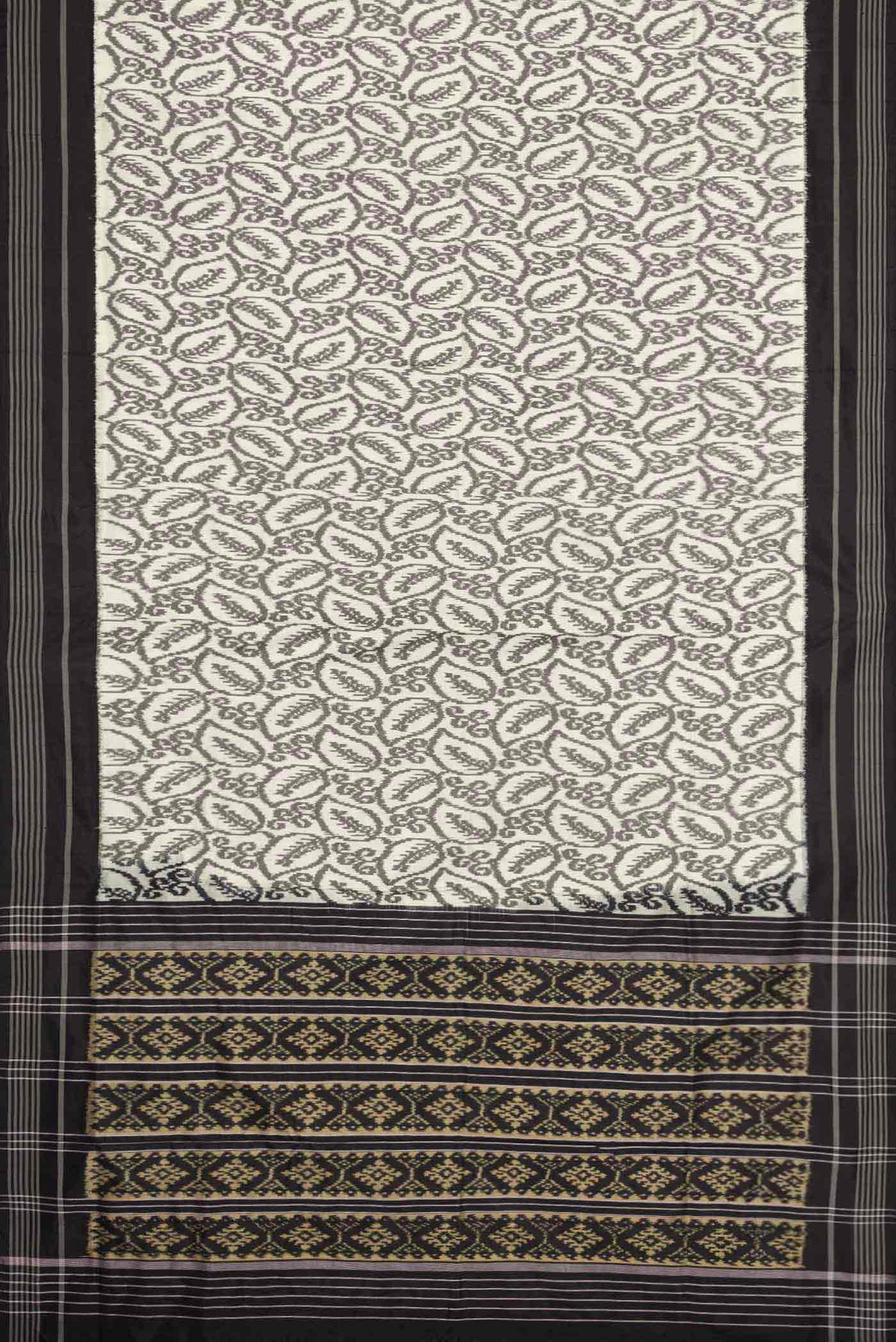 Flat view of Off White Pochampally Silk Saree with Pure Ikat on the body and Plain Border