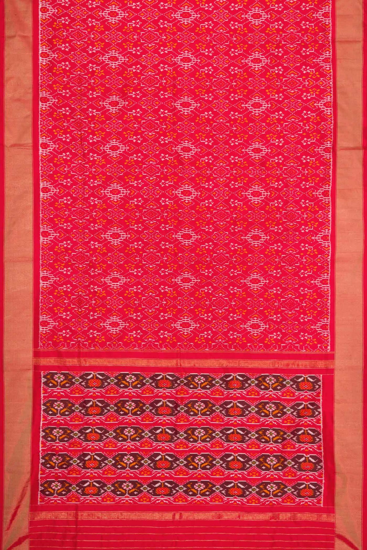 Flat view of Red Pochampally Silk Saree with Pure Ikat on the body and Zari Border