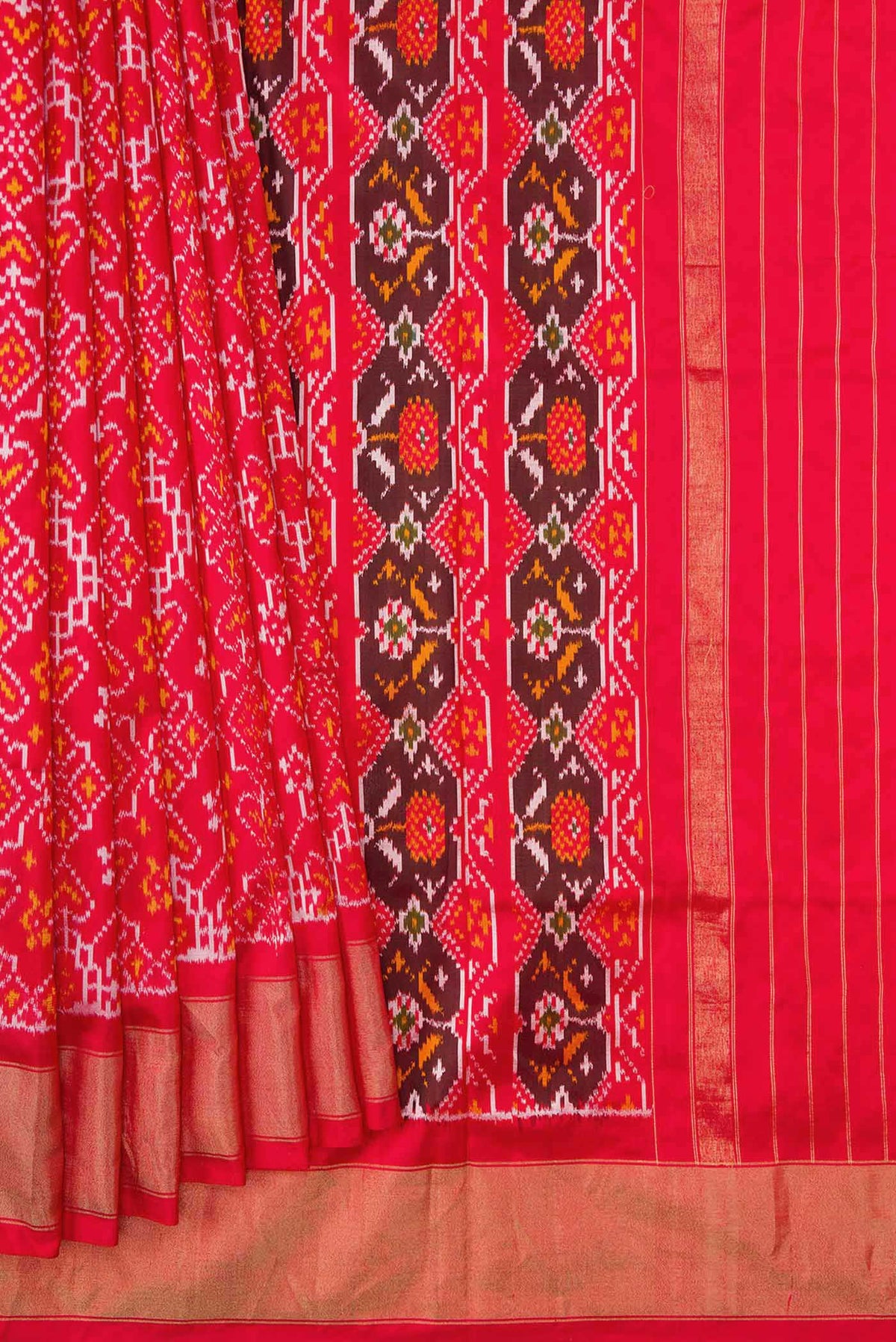 Pleats and pallu of Red Pochampally Silk Saree with Pure Ikat on the body and Zari Border
