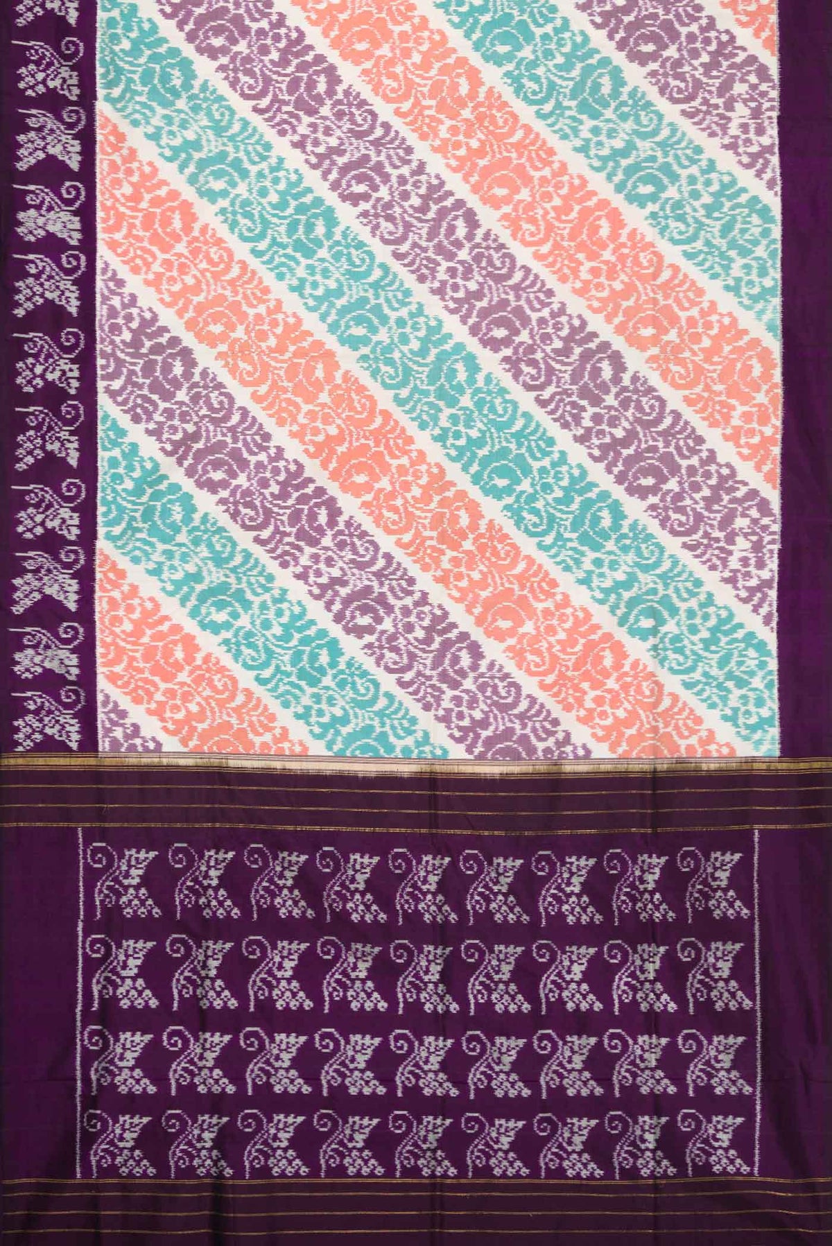 Flat view of Off White Dual Tone Double Ikat Saree with Ikat Print on the body and Plain Border. 