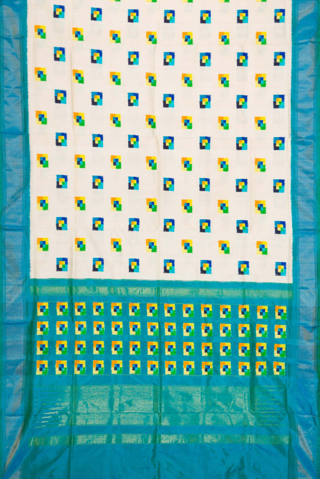 Flat view of Off White Pochampally Silk Saree with Pure Ikat on the body and Zari Border