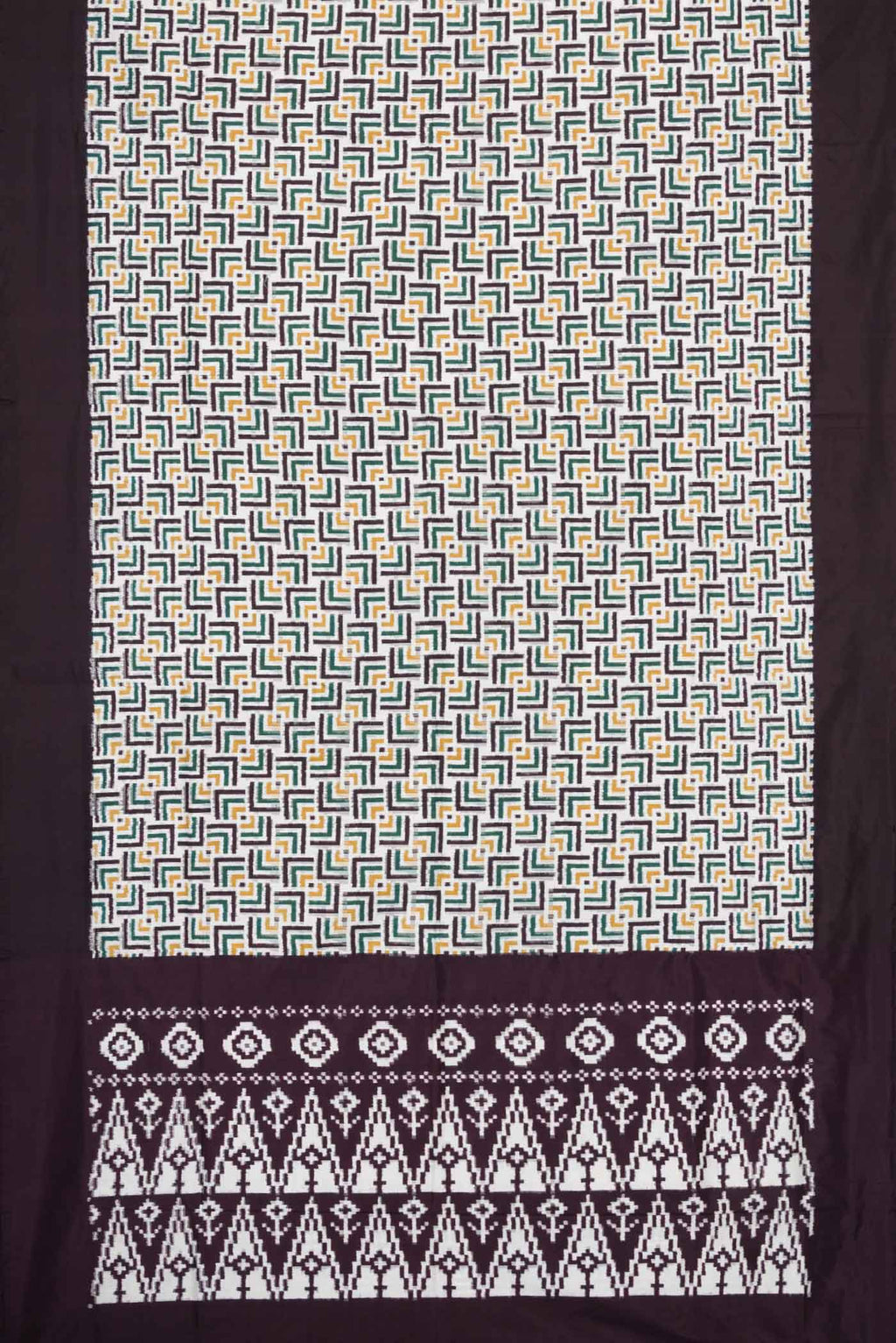 Flat view of Off White Pochampally Silk Saree with Pure Ikat on the body and Plain Border