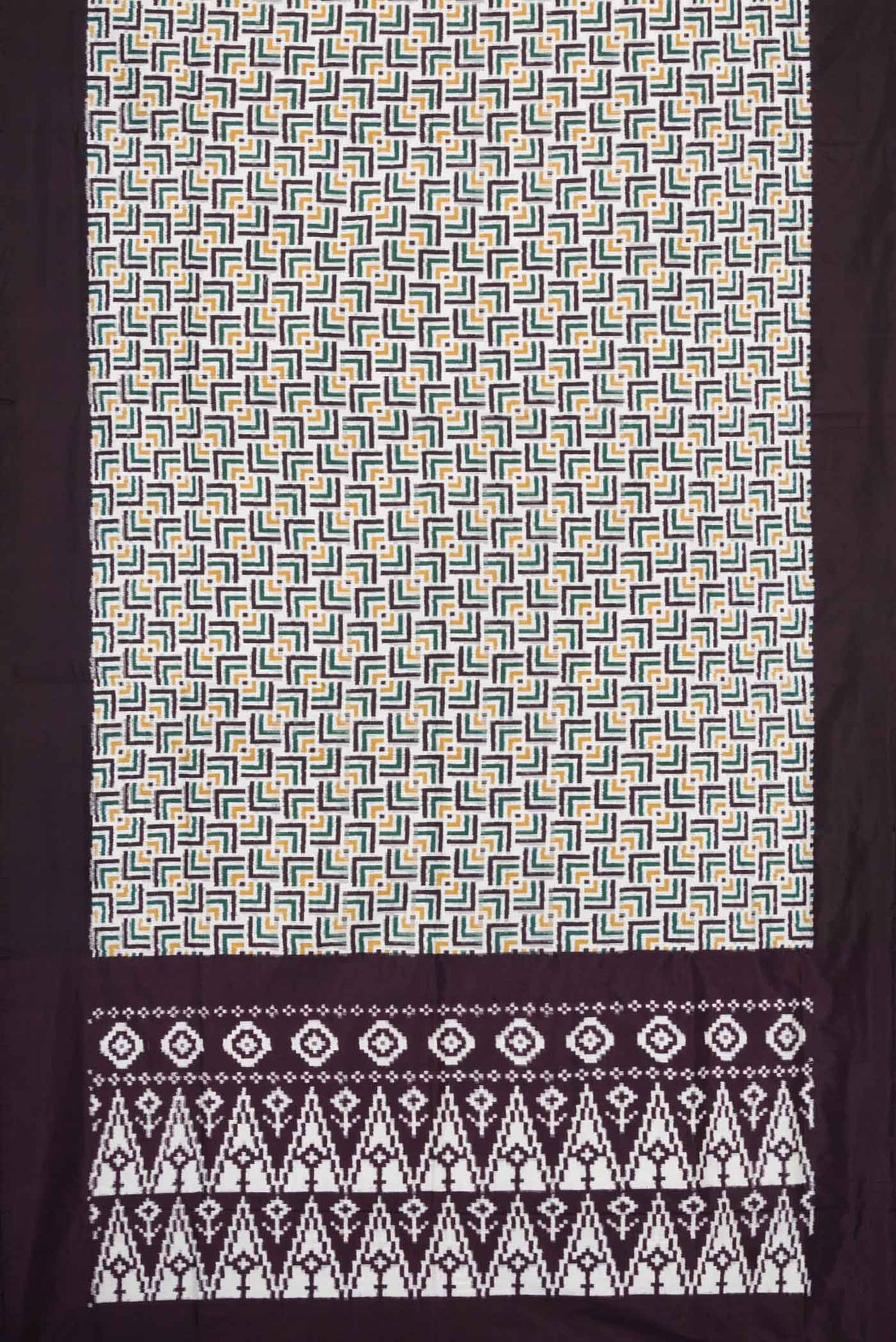 Flat view of Off White Pochampally Silk Saree with Pure Ikat on the body and Plain Border