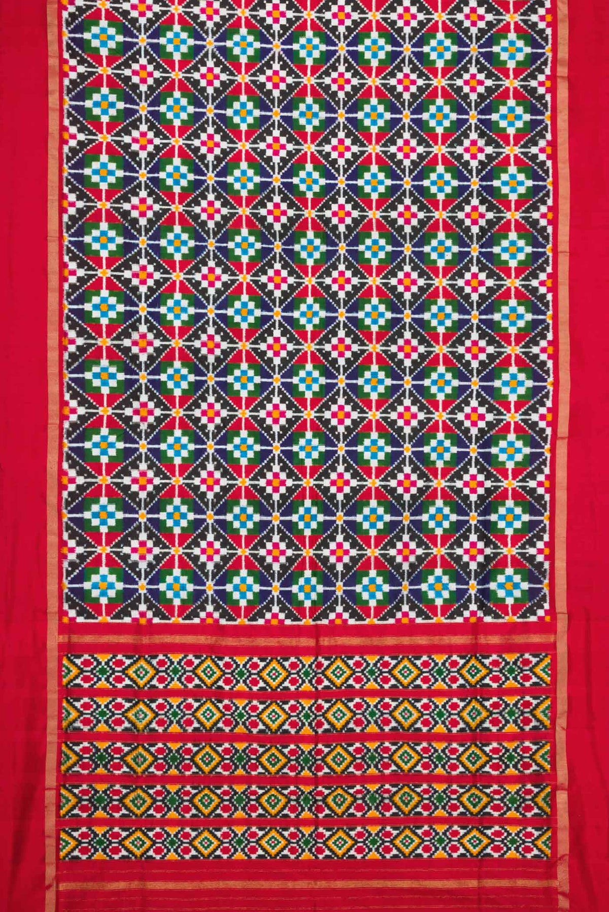 Flat view of Multi Color Pochampally Silk Saree with Pure Ikat on the body and Zari Border