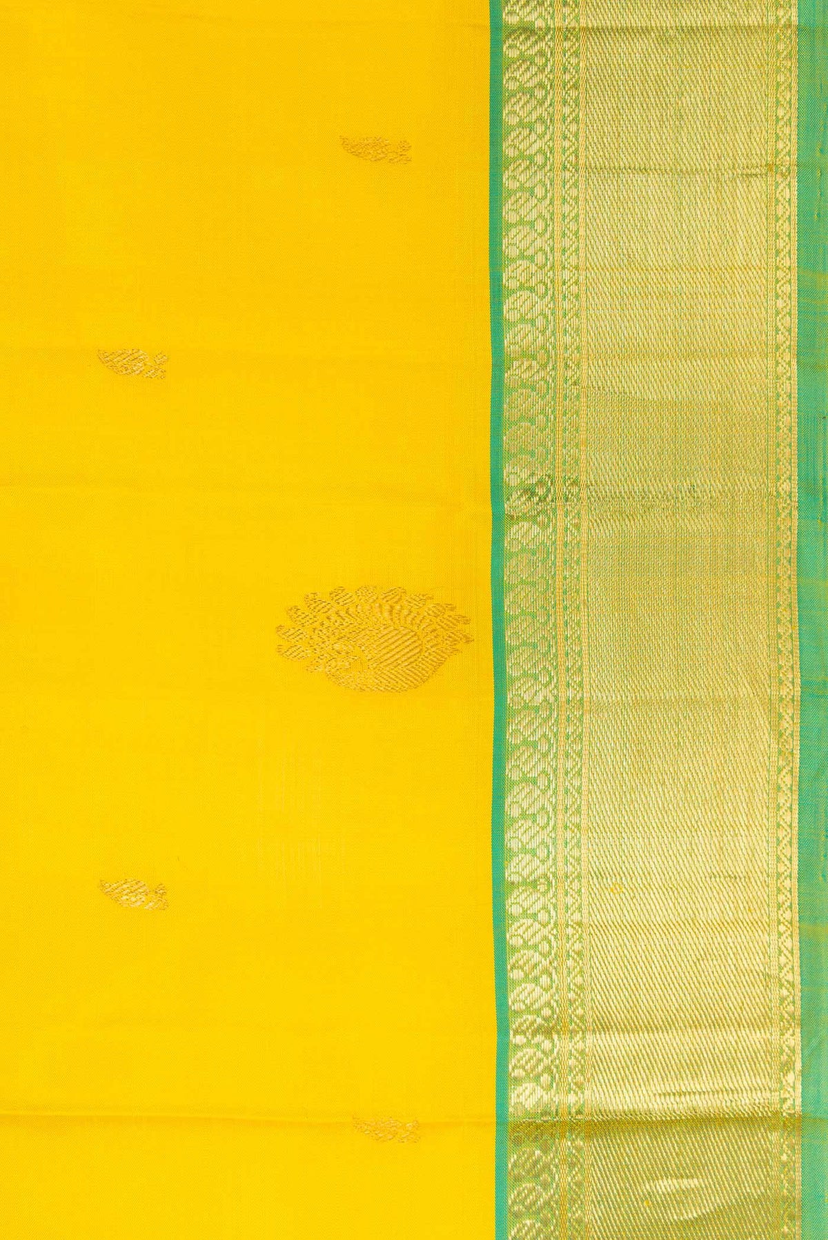 Border image of Lemon Yellow Dual Tone Kanjivaram Silk Saree with Zari Butta on the body and Zari Border. 