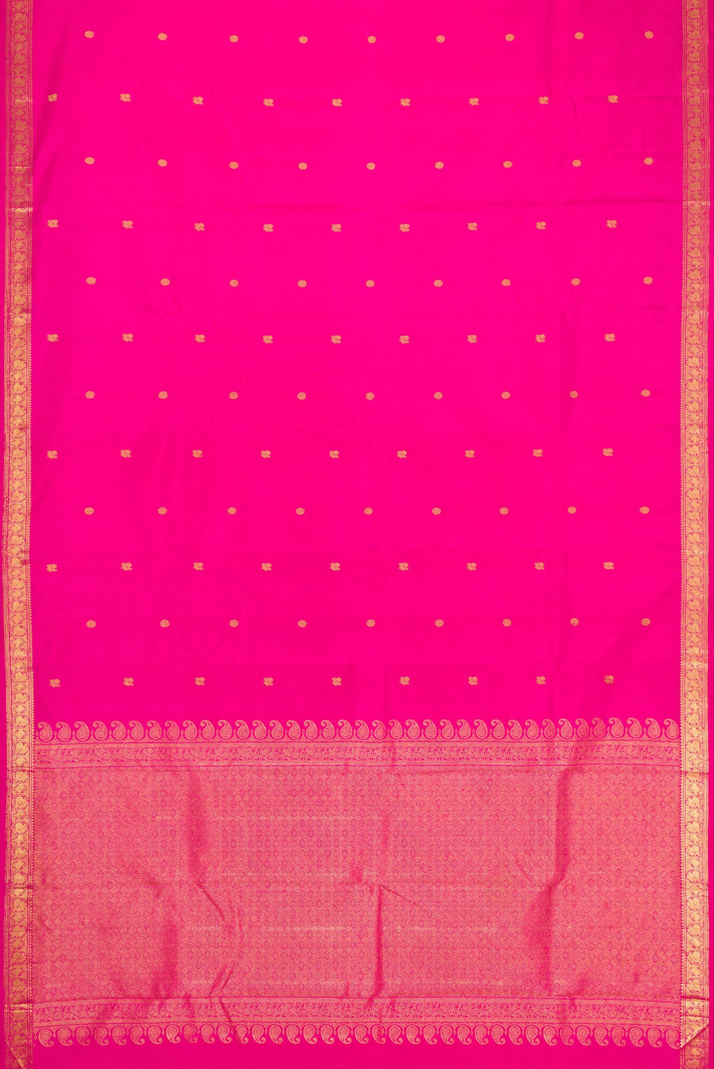 Flat view of Pink Dual Tone Kanchipuram Silk Saree with Zari Butta on the body and Zari Border. 