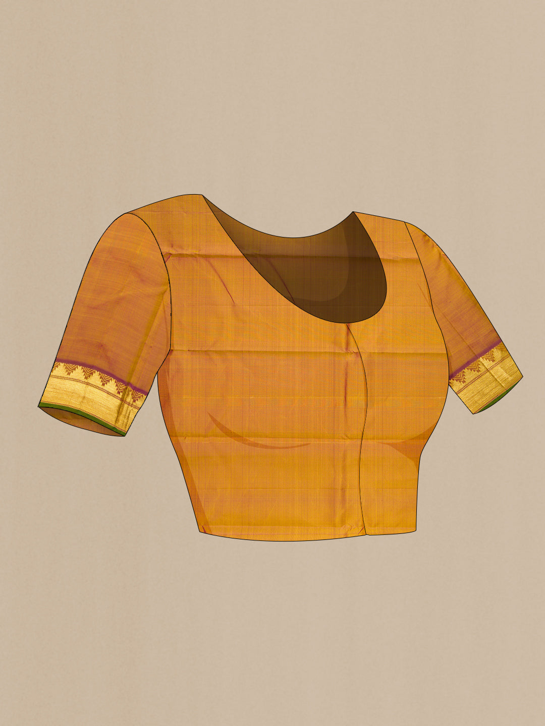 Close up image of the blouse of Mustard Dual Tone Kanjivaram Silk Saree with Checked design on the body and Zari Border. 
