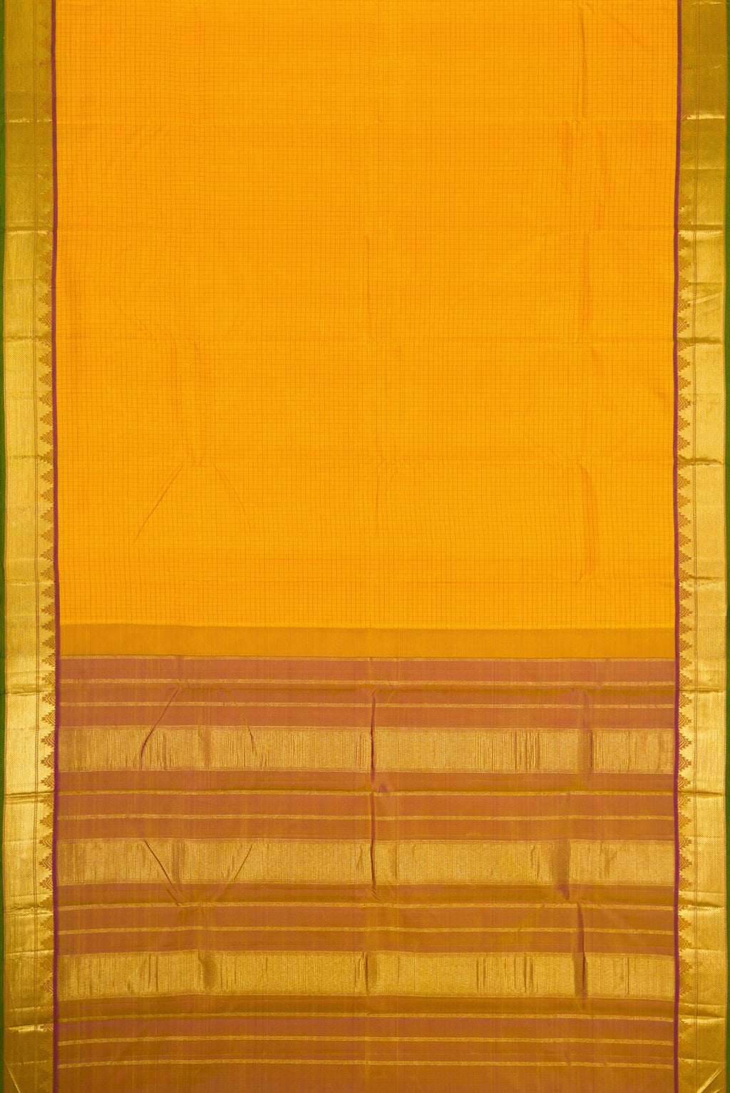 Flat view of Mustard Dual Tone Kanjivaram Silk Saree with Checked design on the body and Zari Border. 