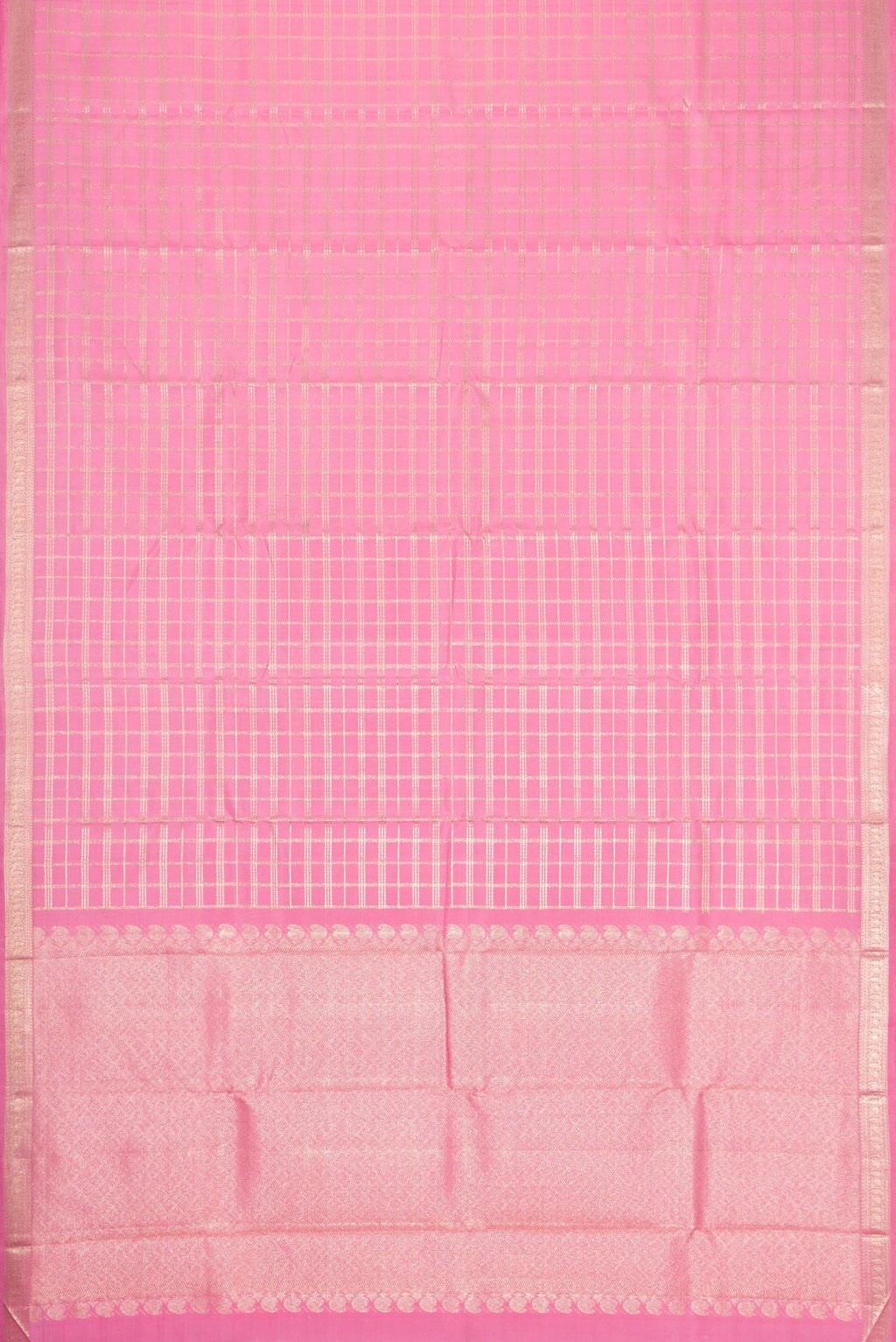 Flat view of Pink Dual Tone Kanjivaram Silk Saree with Checked design on the body and Zari Border. 