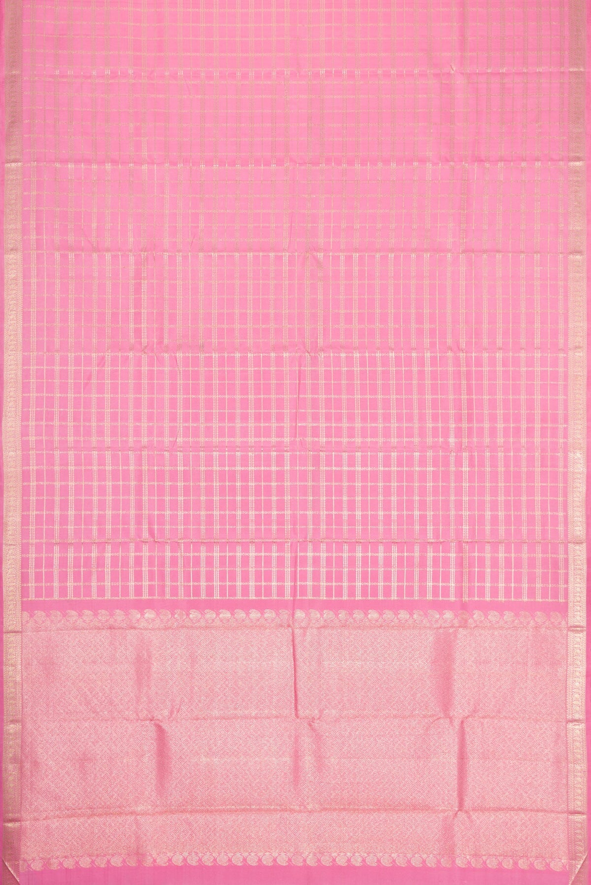 Flat view of Pink Dual Tone Kanjivaram Silk Saree with Checked design on the body and Zari Border. 