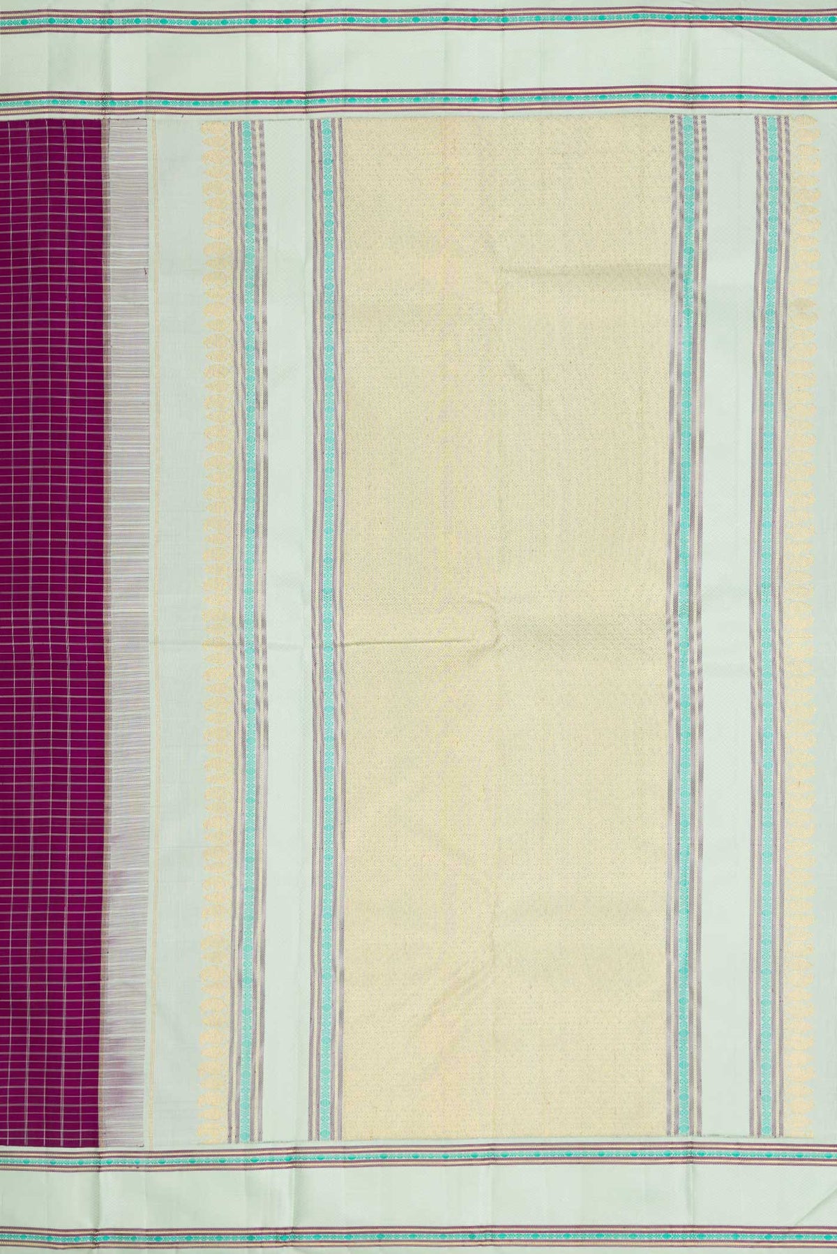 Close up image of the pallu of Pure Silk Pure Zari Purple Dual Tone Kanjivaram Saree with Checked design on the body and Zari And Thread Border. 