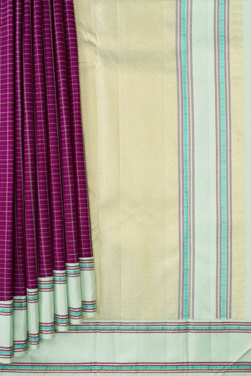 Pleats and pallu of Pure Silk Pure Zari Purple Dual Tone Kanjivaram Saree with Checked design on the body and Zari And Thread Border. 