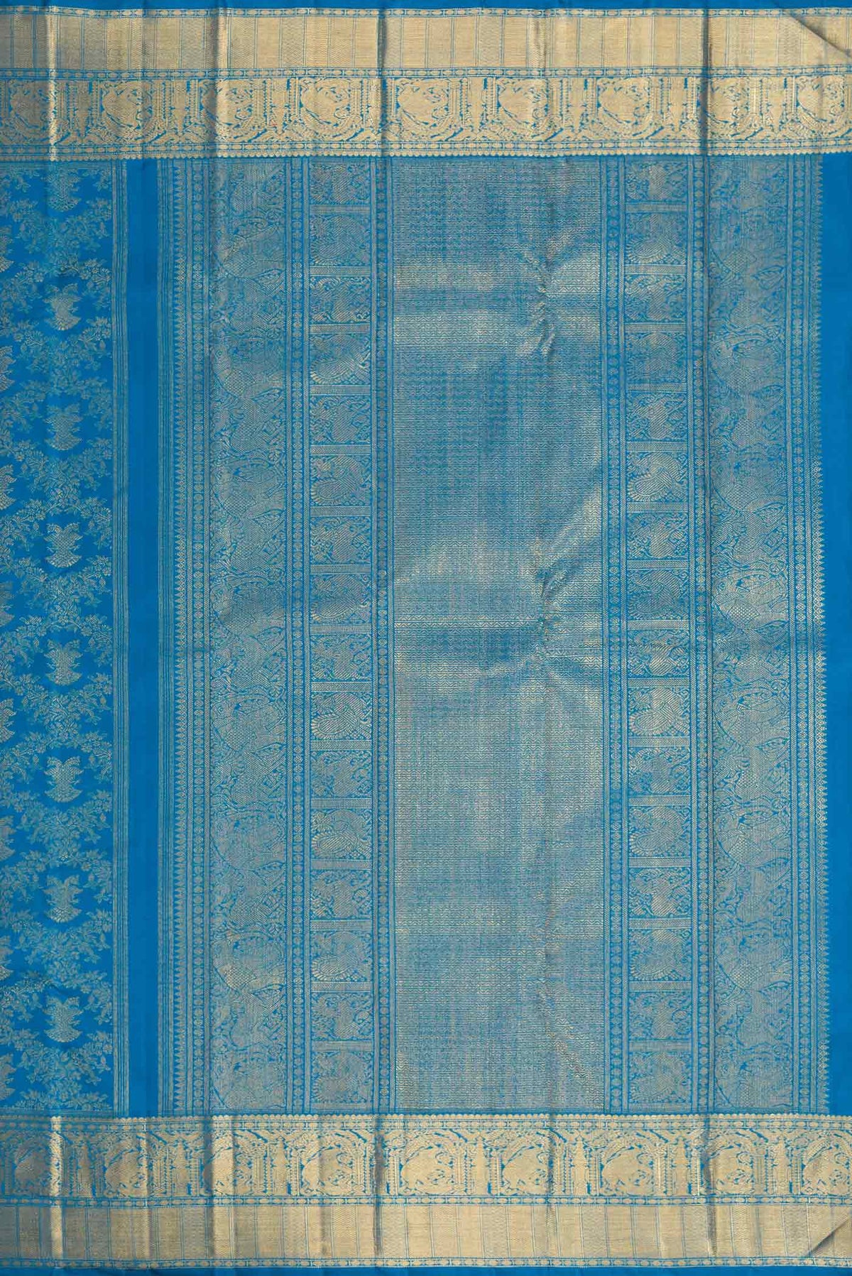 Close up image of the pallu of Pure Silk Pure Zari Peacock Blue Dual Tone Kanchipuram Saree with Zari Brocade on the body and Zari Border