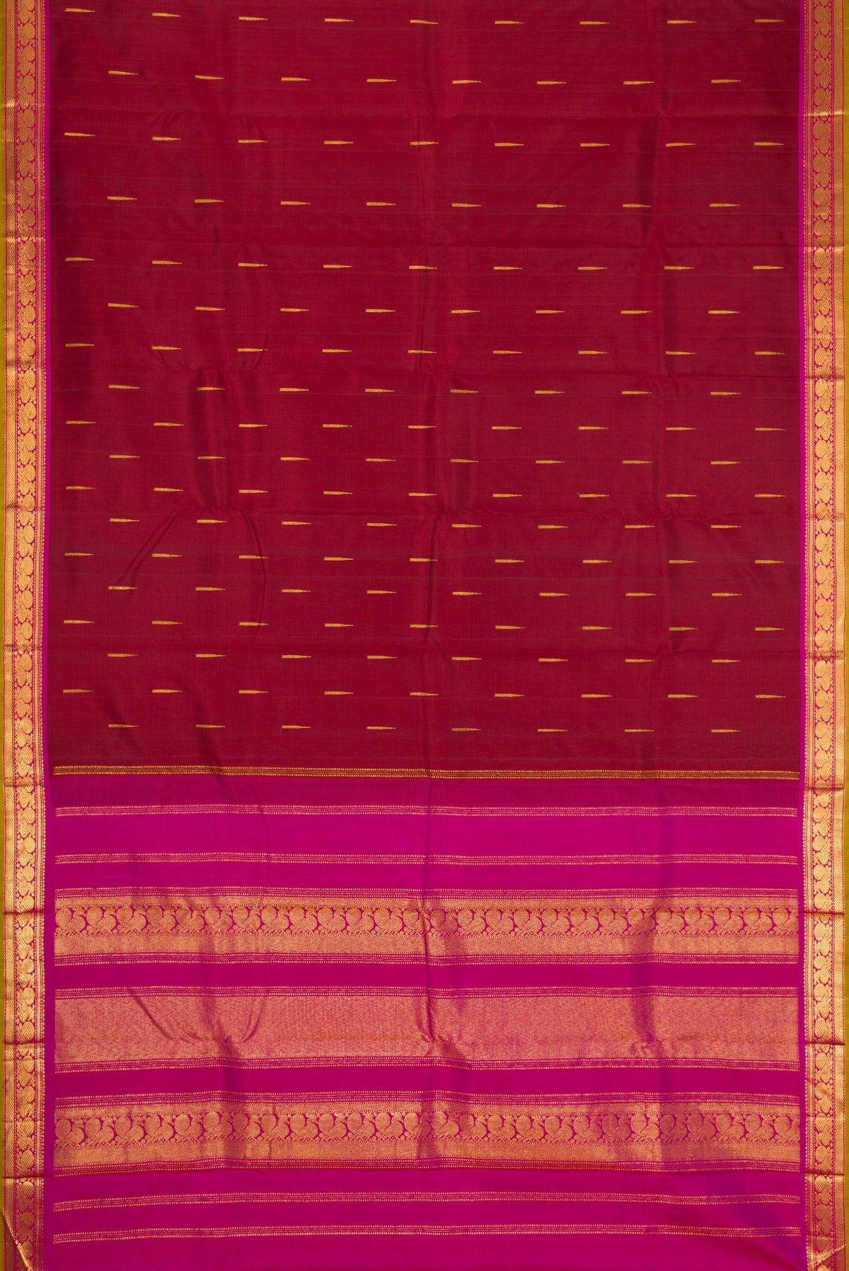 Flat view of Maroon Dual Tone Kanchipuram Silk Saree with Zari Butta on the body and Zari Border. 