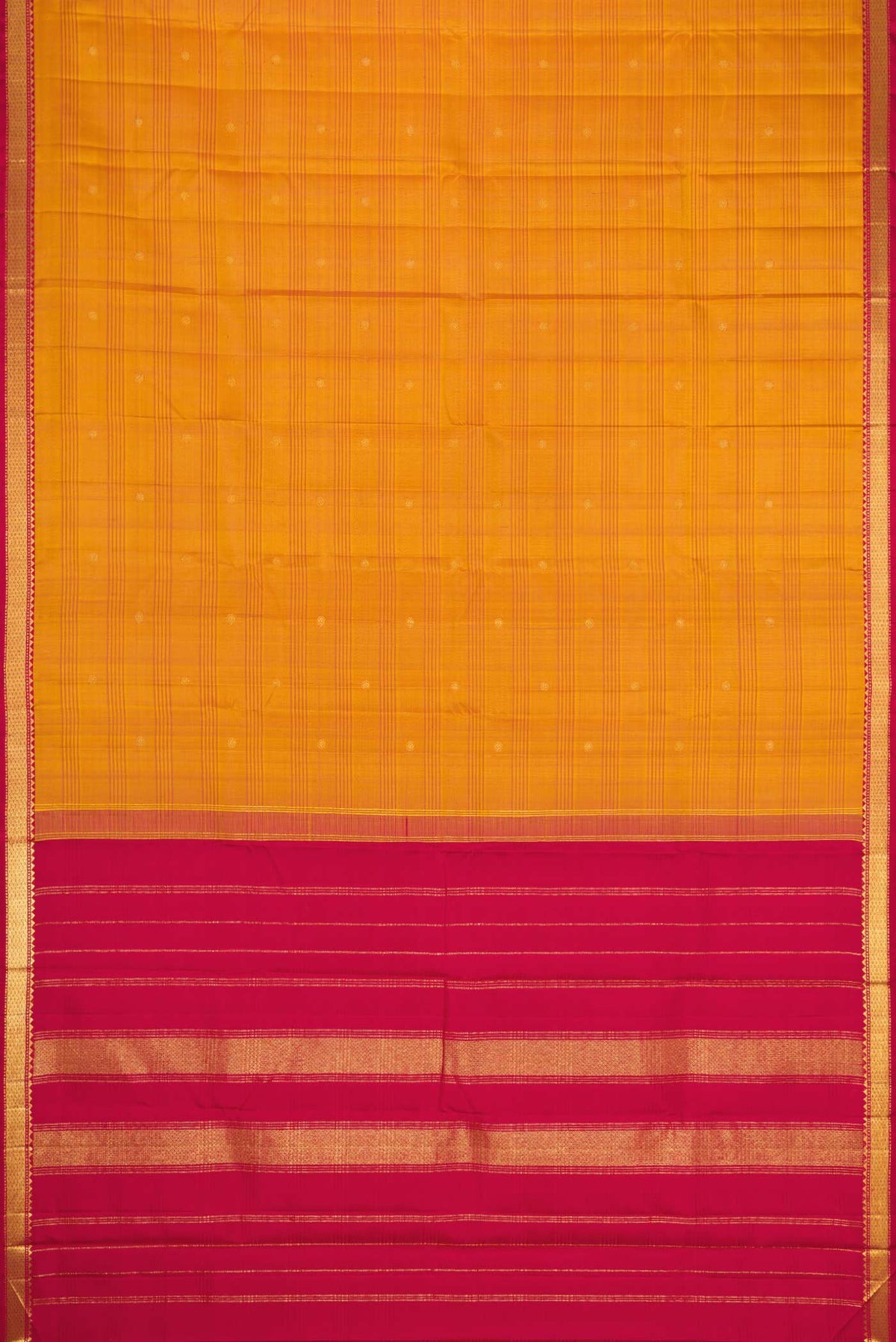 Flat view of Mustard Dual Tone Kanchipuram Silk Saree with Zari Butta on the body and Zari Border. 